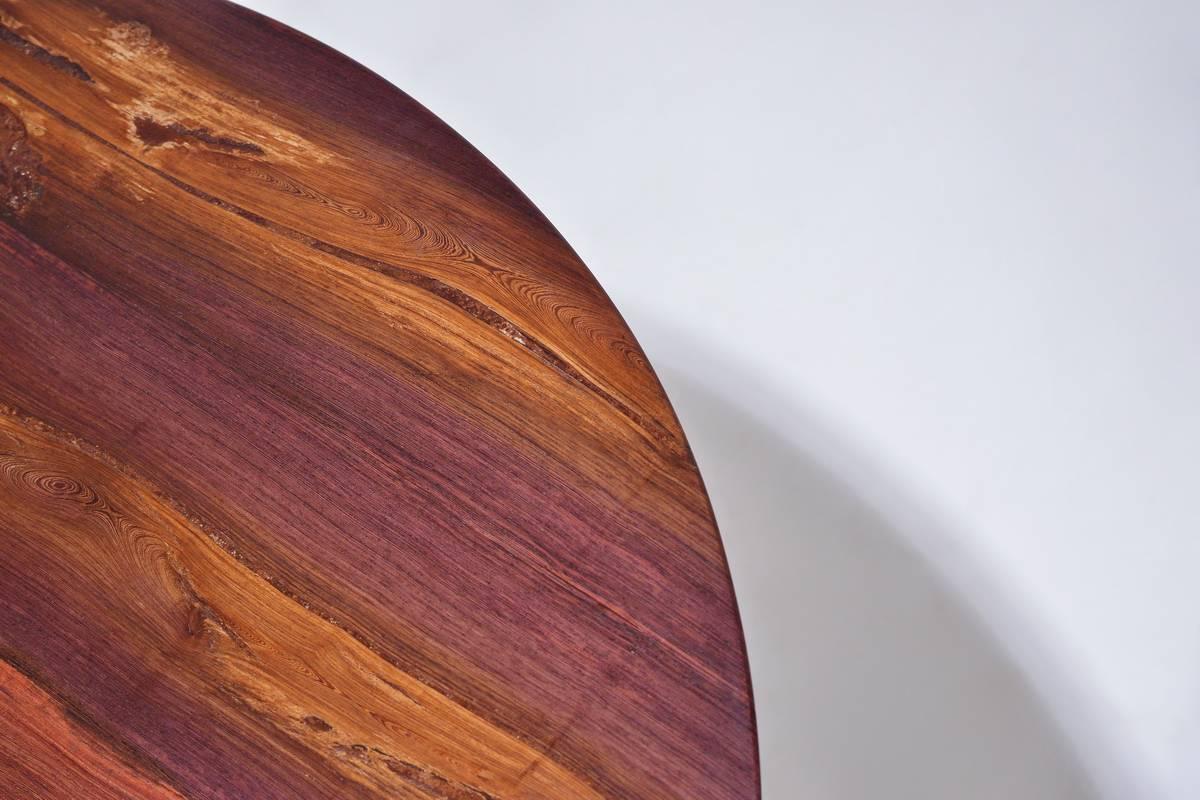 Minimalist Bespoke Round Table, Reclaimed Hardwood with Brown Brass Base, by P. Tendercool For Sale