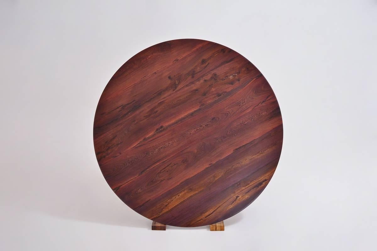 Thai Bespoke Round Table, Reclaimed Hardwood with Brown Brass Base, by P. Tendercool For Sale