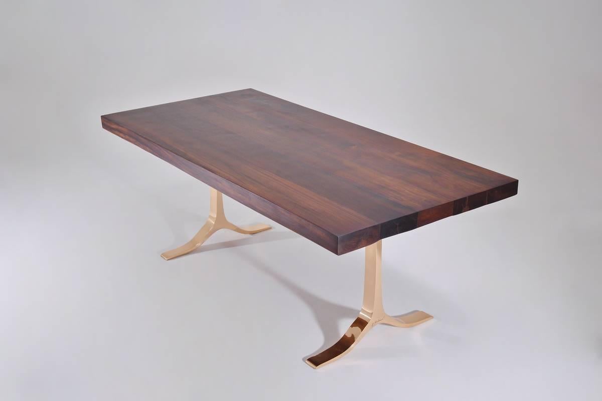 Minimalist Reclaimed Hardwood Table with Sand Cast Polished Bronze Base by P. Tendercool For Sale