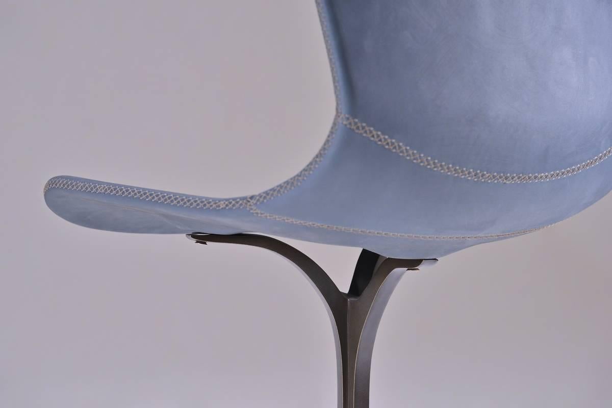 Blue Leather and Brown Sand Cast Brass Chair by P.Tendercool In New Condition For Sale In Bangkok, TH