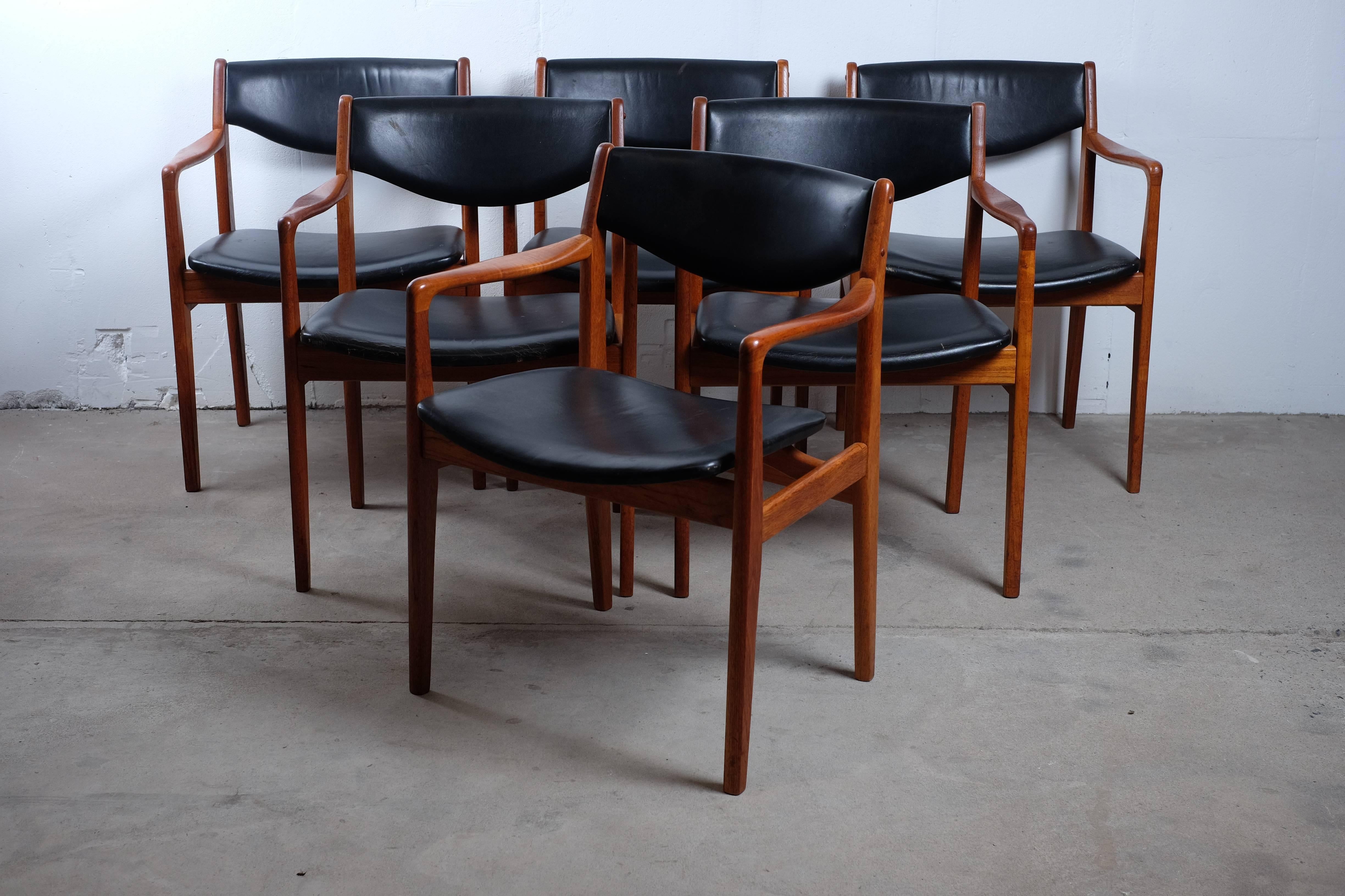 Set of six armchairs in solid teak by Gotfred H. Petersen. 

The chairs are overall in good condition with few signs of age related wear, original upholstery on the seat and back. 

We have three more available (9 chairs) 
Re-upholstery is