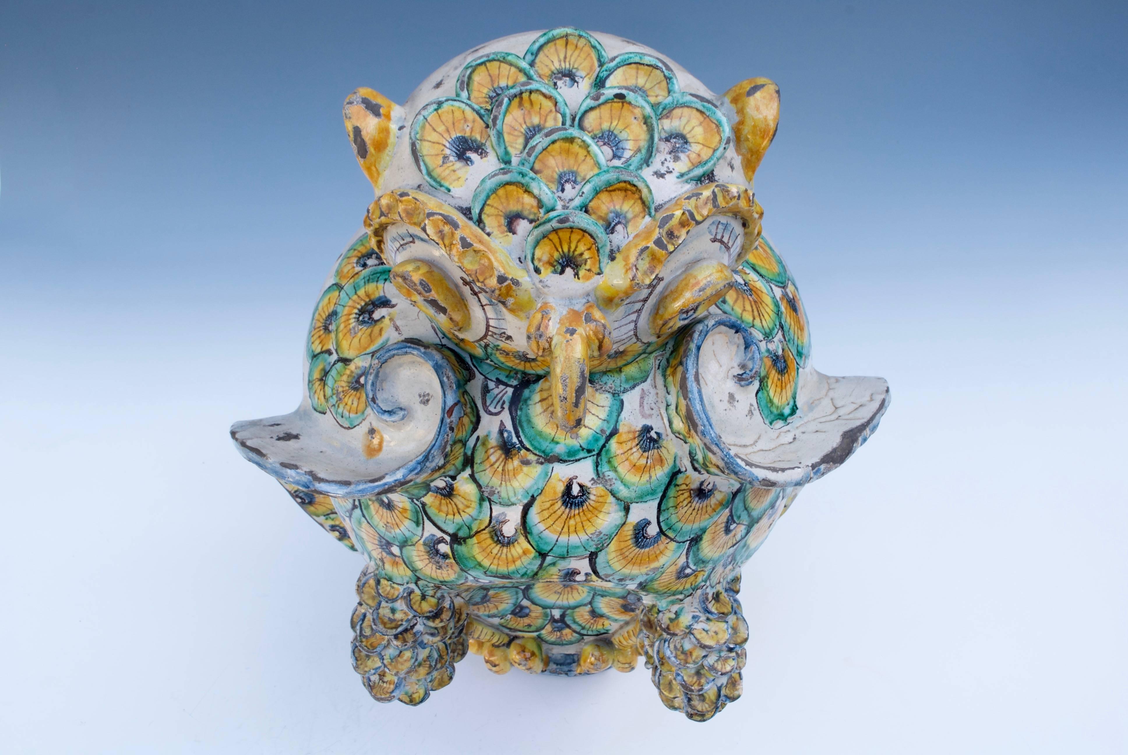 Baroque Italian Majolica Jar of an Owl For Sale