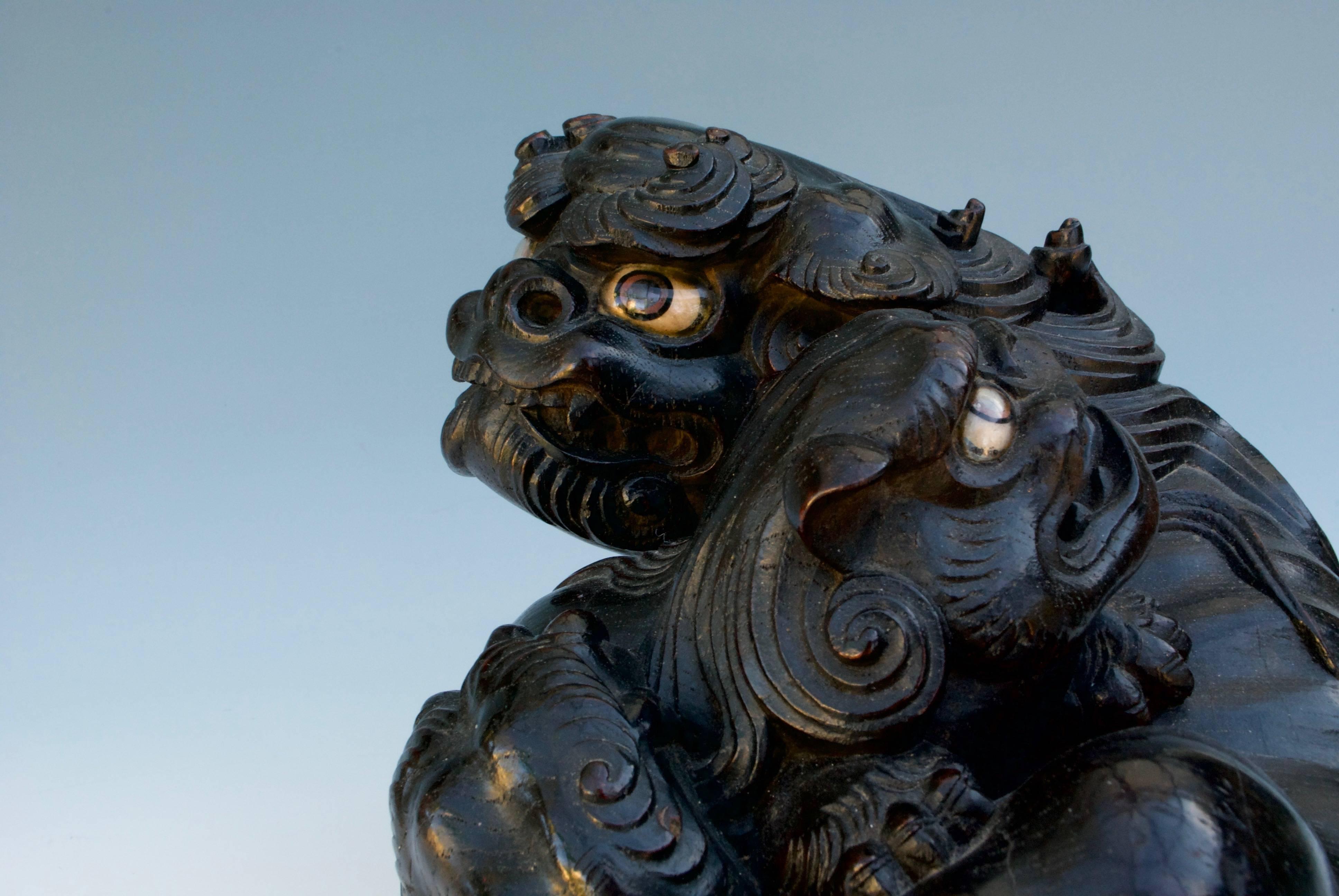 Silk Japanese Wood sculpture Okimono of two lions