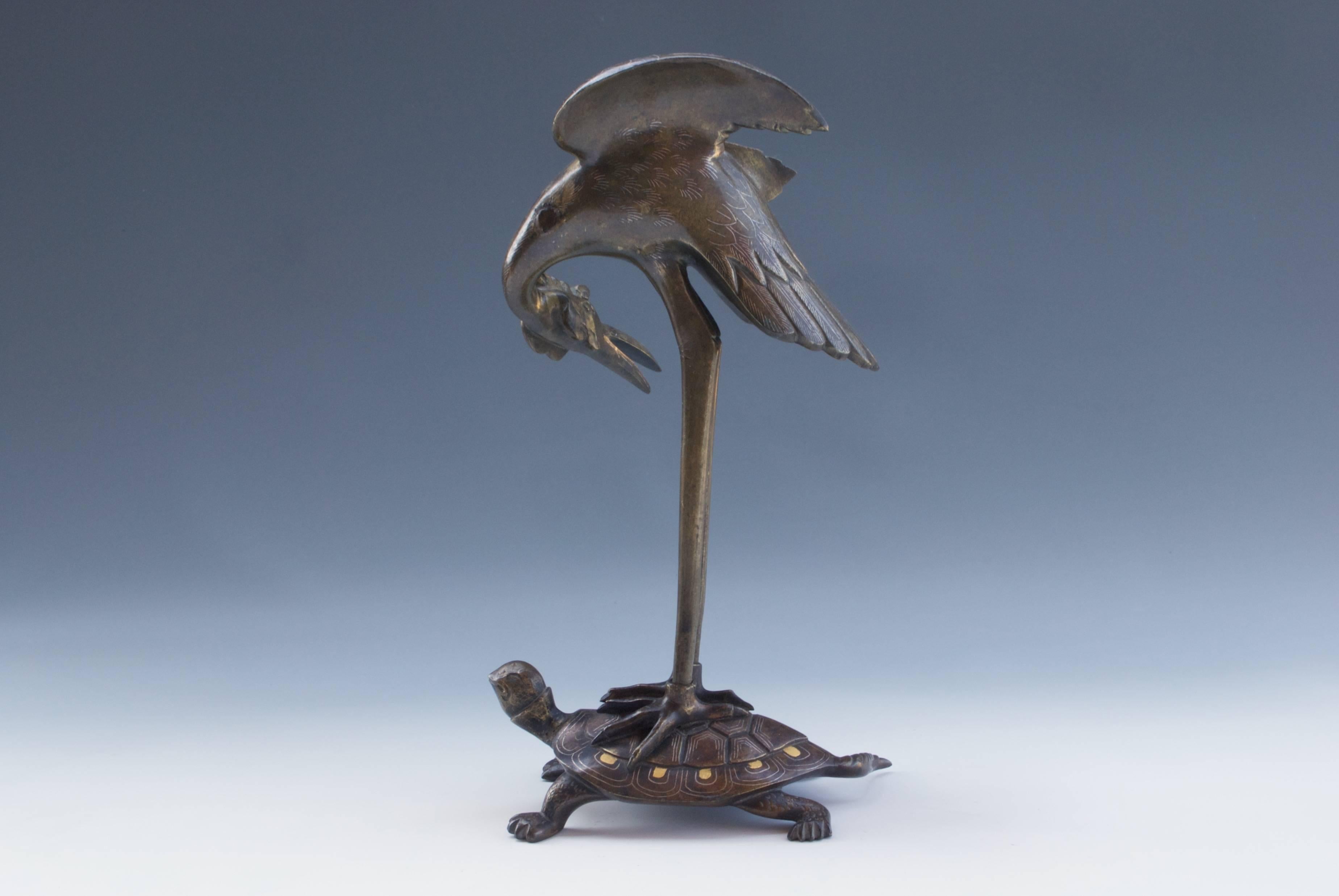 Patinated Japanese Bronze Sculpture of an Egret and a Turtle For Sale