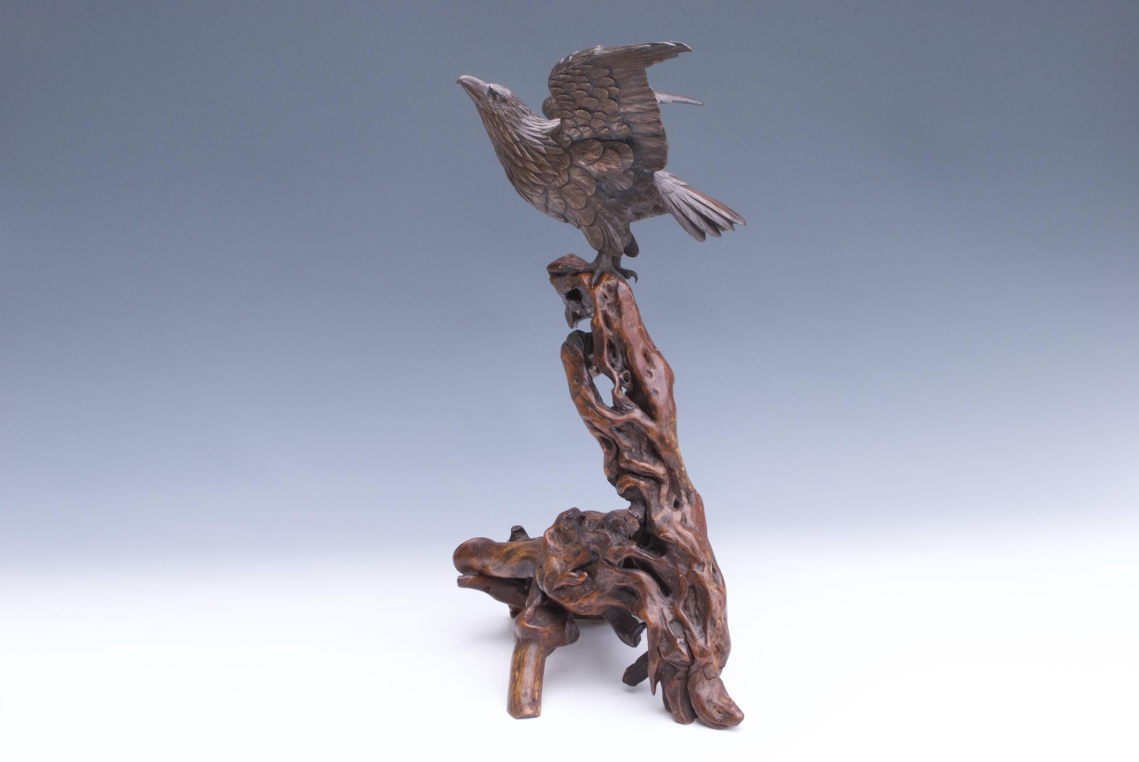 Standing on a wood natural base with its wings spread. Signed in a rectangular reserve.