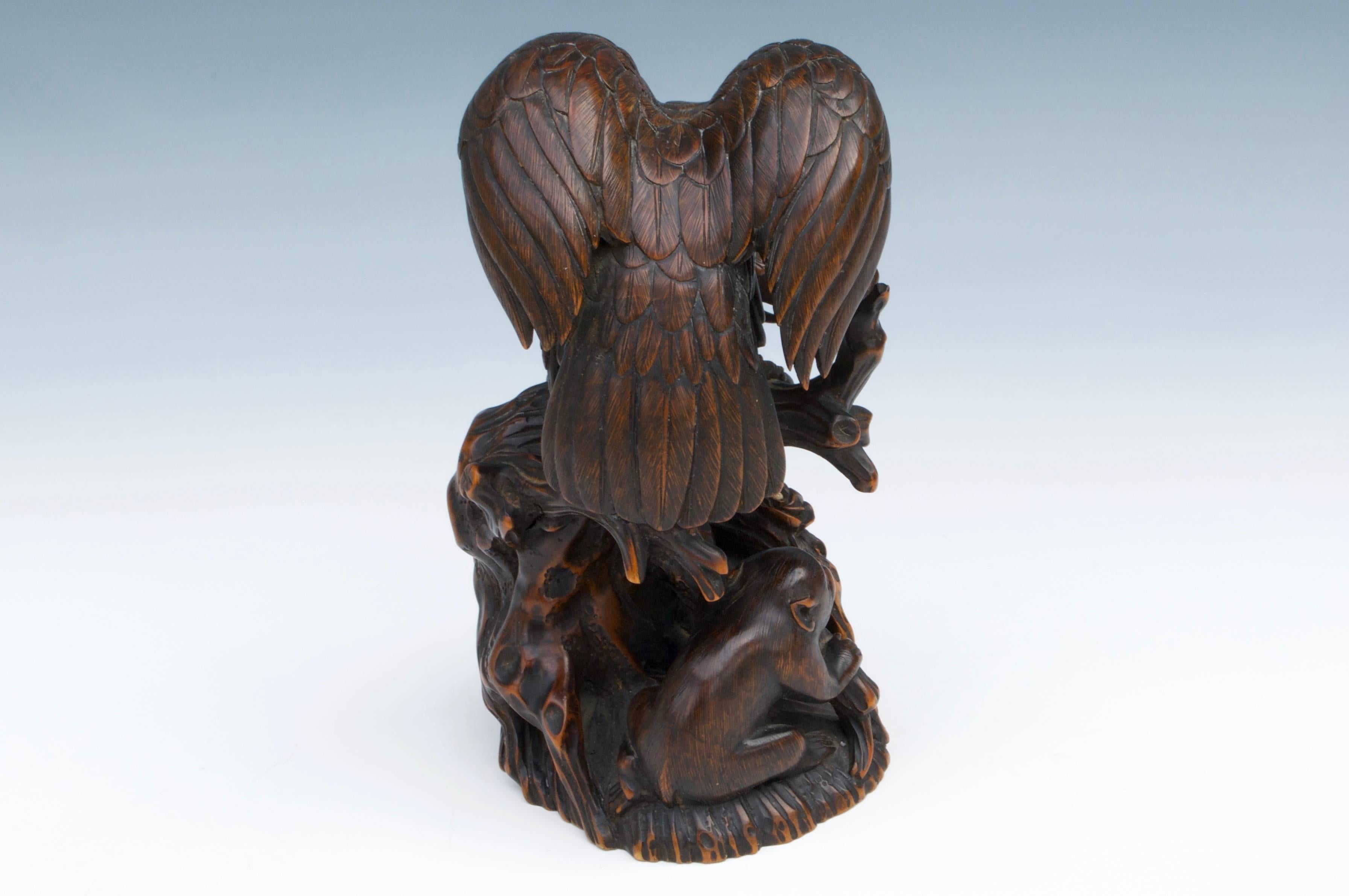 Carved Eagle and Monkeys Boxwood Sculpture