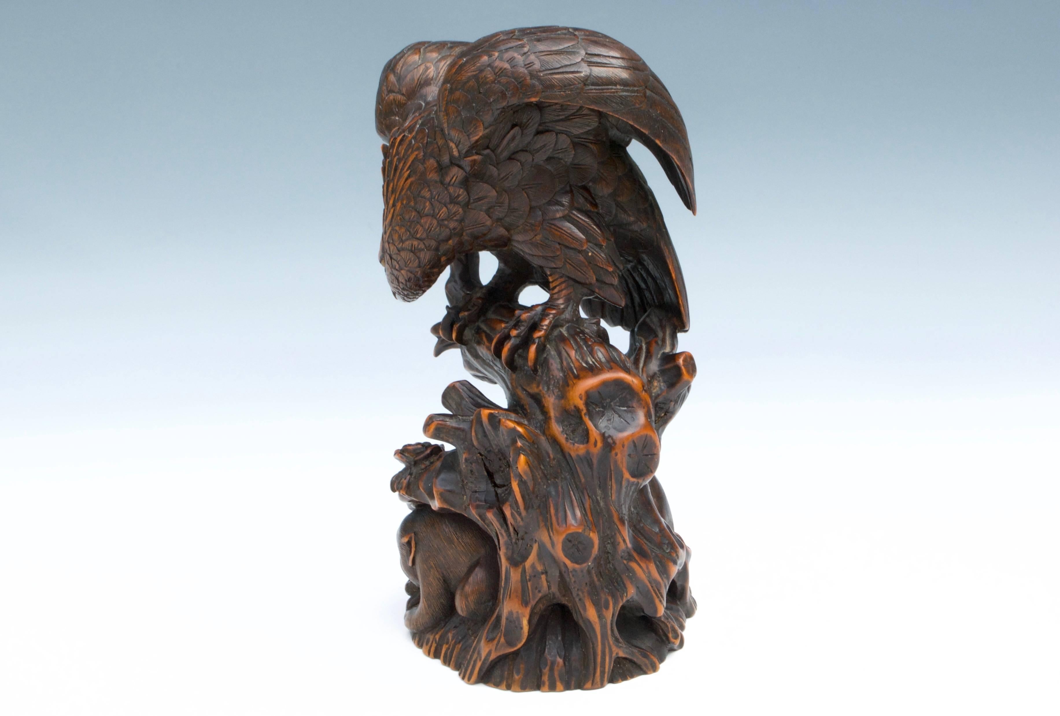 Japanese Eagle and Monkeys Boxwood Sculpture
