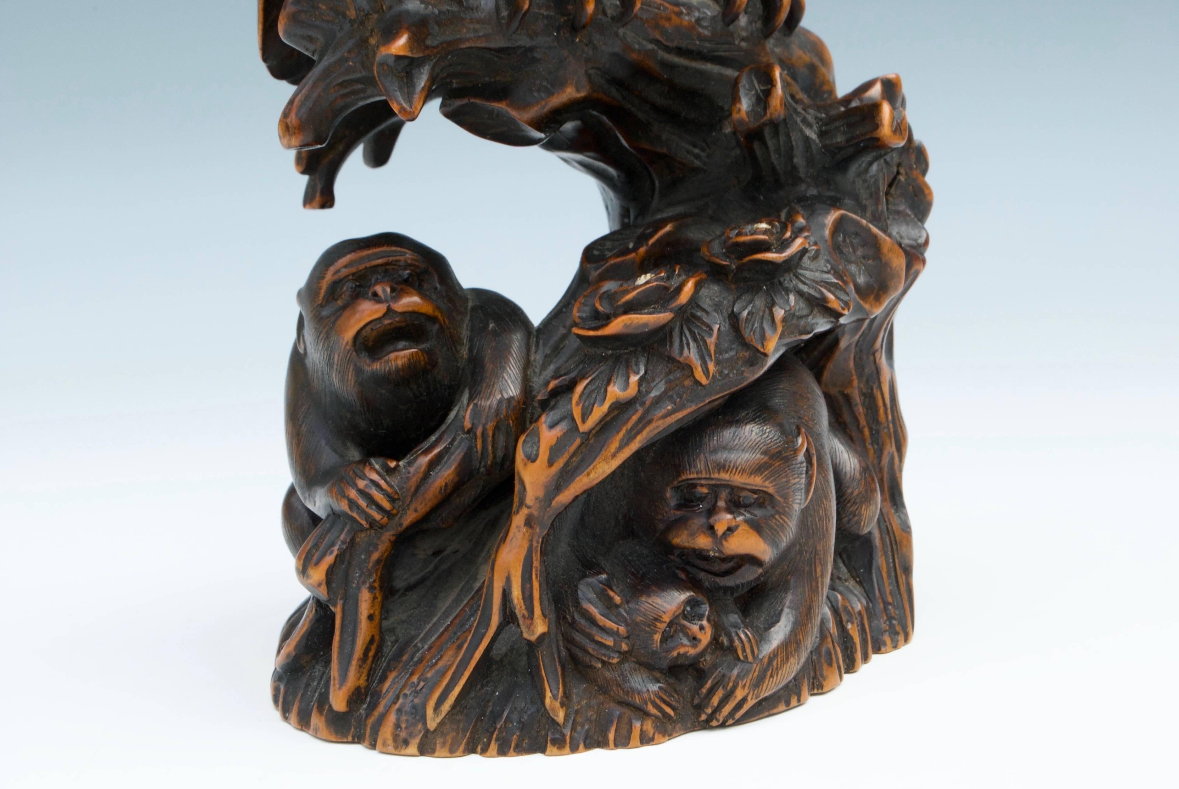 19th Century Eagle and Monkeys Boxwood Sculpture