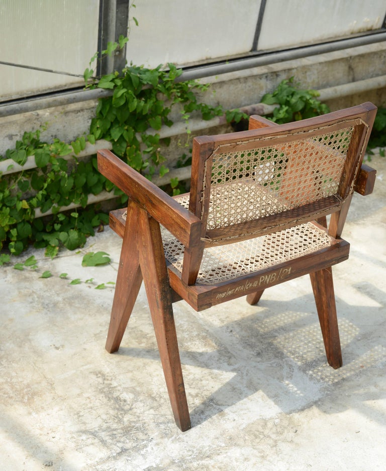 Pierre Jeanneret Office Cane Chair, Rare with Letters from Punjab National Bank at 1stdibs