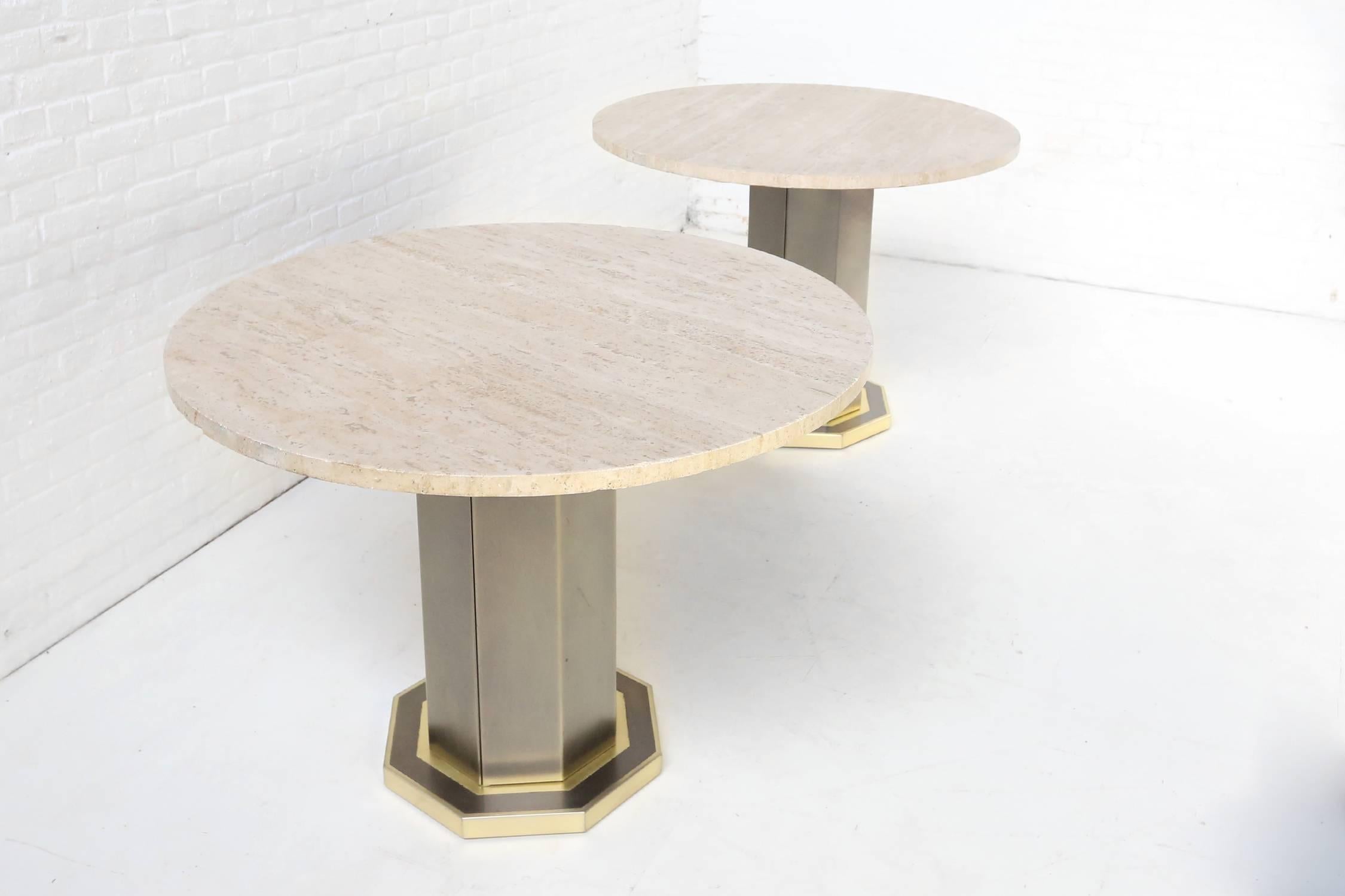 Pair of Travertine Dining Tables by Maison Jansen Belgo Chrome For Sale 1