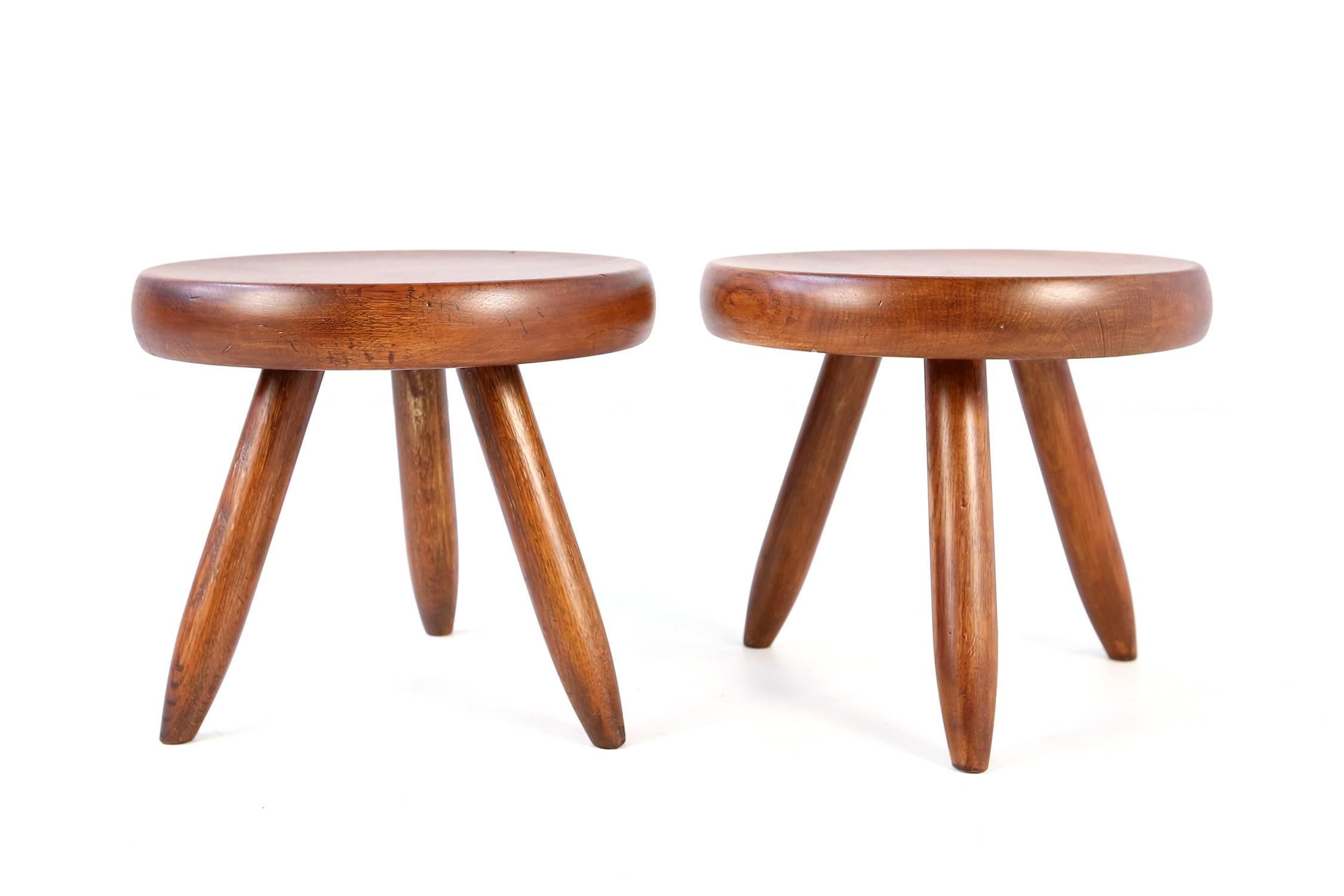 Pair of Charlotte Perriand Low Tripod Ash Tree Stools 1