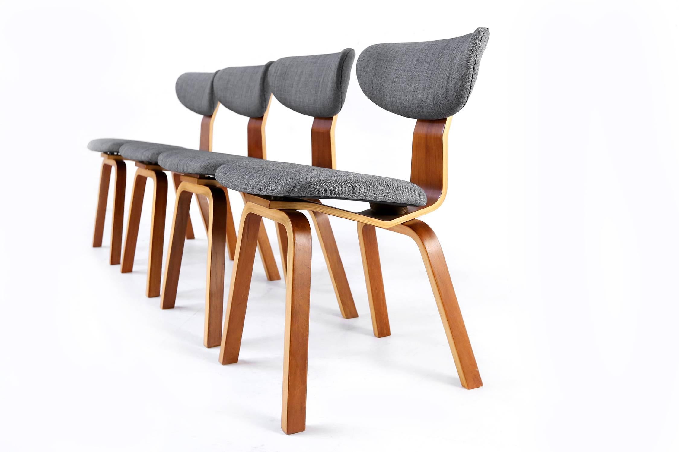 A set of very beautiful and uncommon SB 37 chairs designed by the renowned Dutch designer Cees Braakman, for UMS Pastoe, The Netherlands. These Dutch modern dining chairs are very hard to find, especially as a complete set. 
After World war II