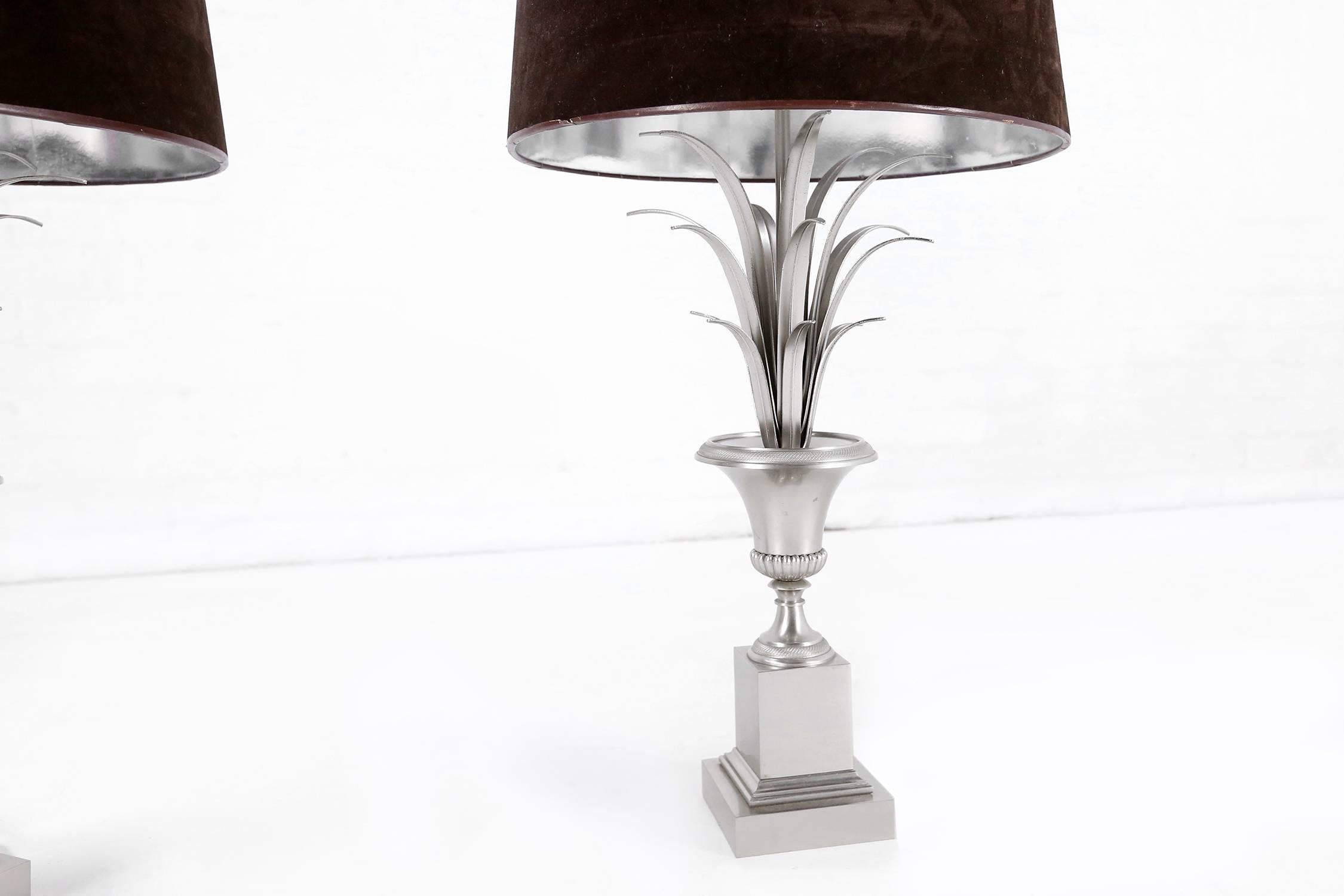 Aluminum Pair of French Palm Tree Lamps Attributed to Maison Jansen, 1970
