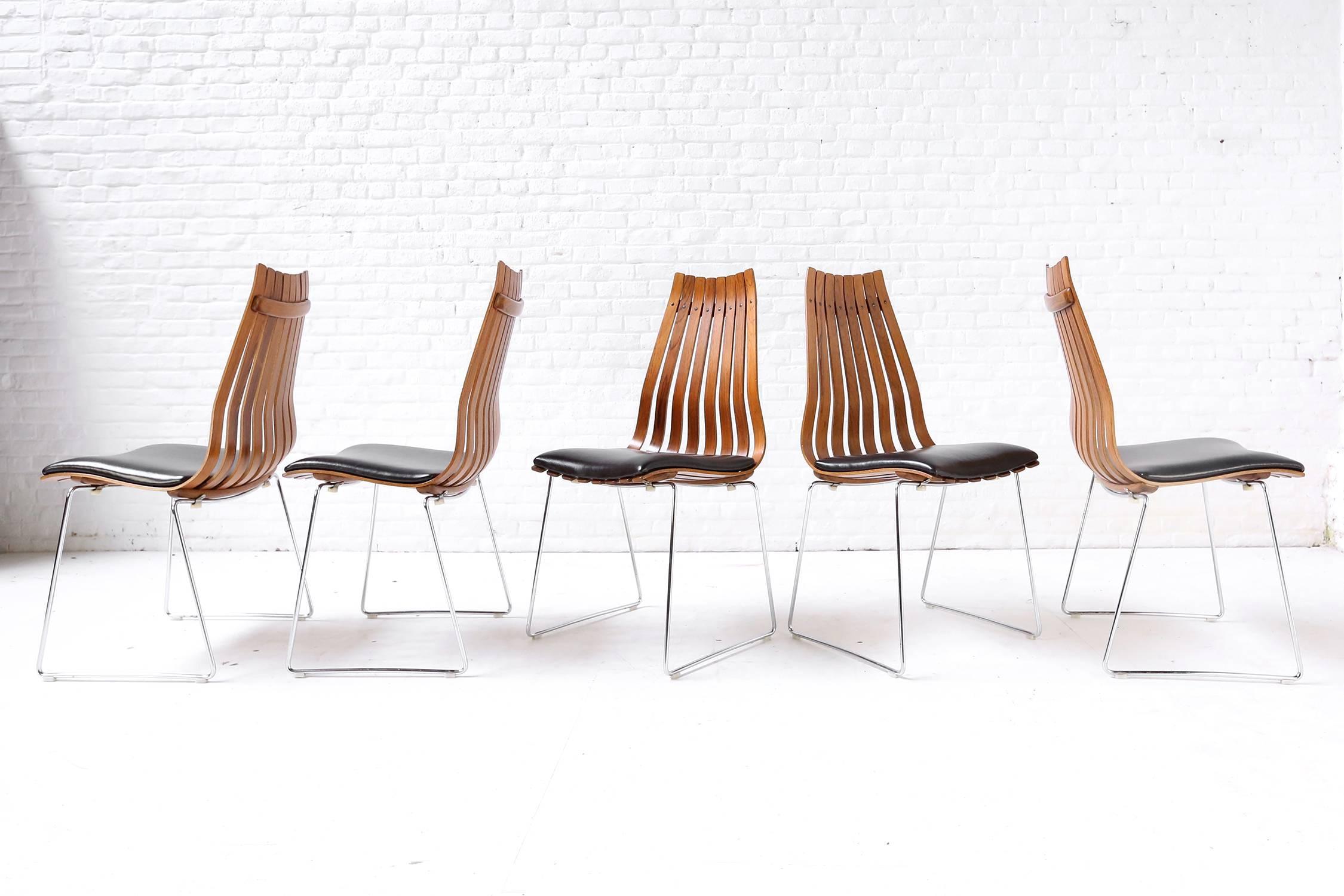 A set of five Hans Brattrud Scandia chairs for Hove Mobler

A classic example of Mid-Century Scandinavian design.
Dating to 1958 and one of the finest chairs to emerge from post war Norway.
Long out of production. Elegant, organic and