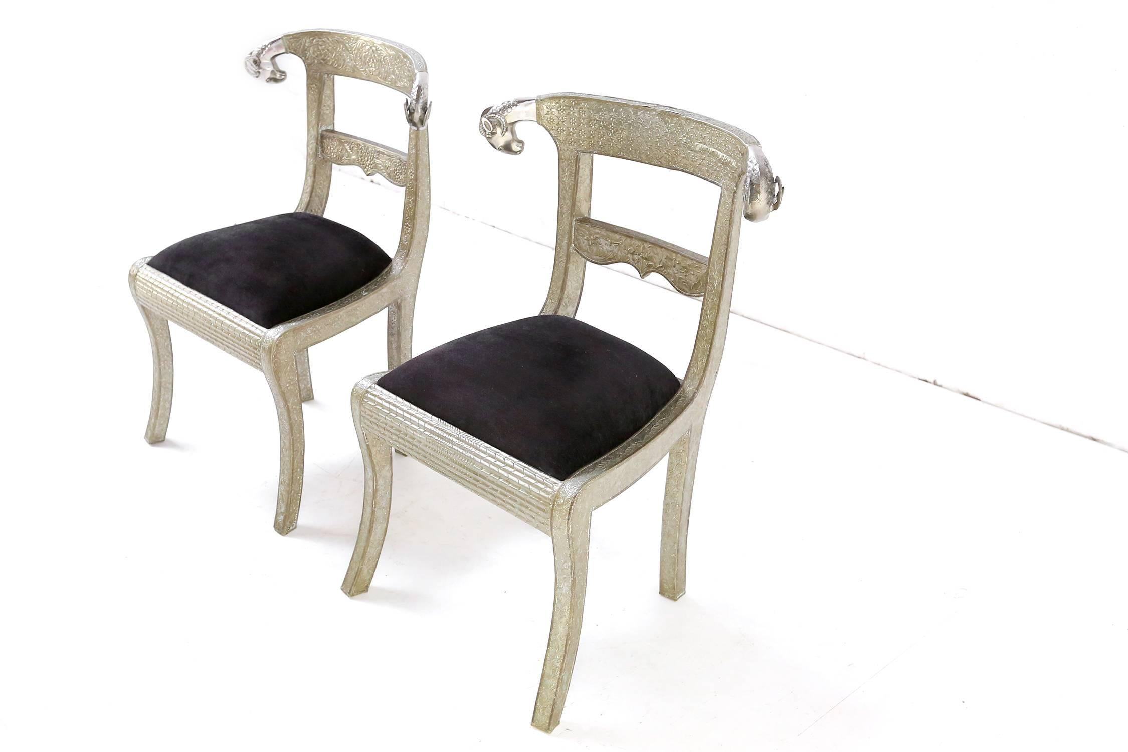 Pair of Ram's Head Metal Wrapped Anglo-Indian Regency Style Dowry Wedding Chairs For Sale 1