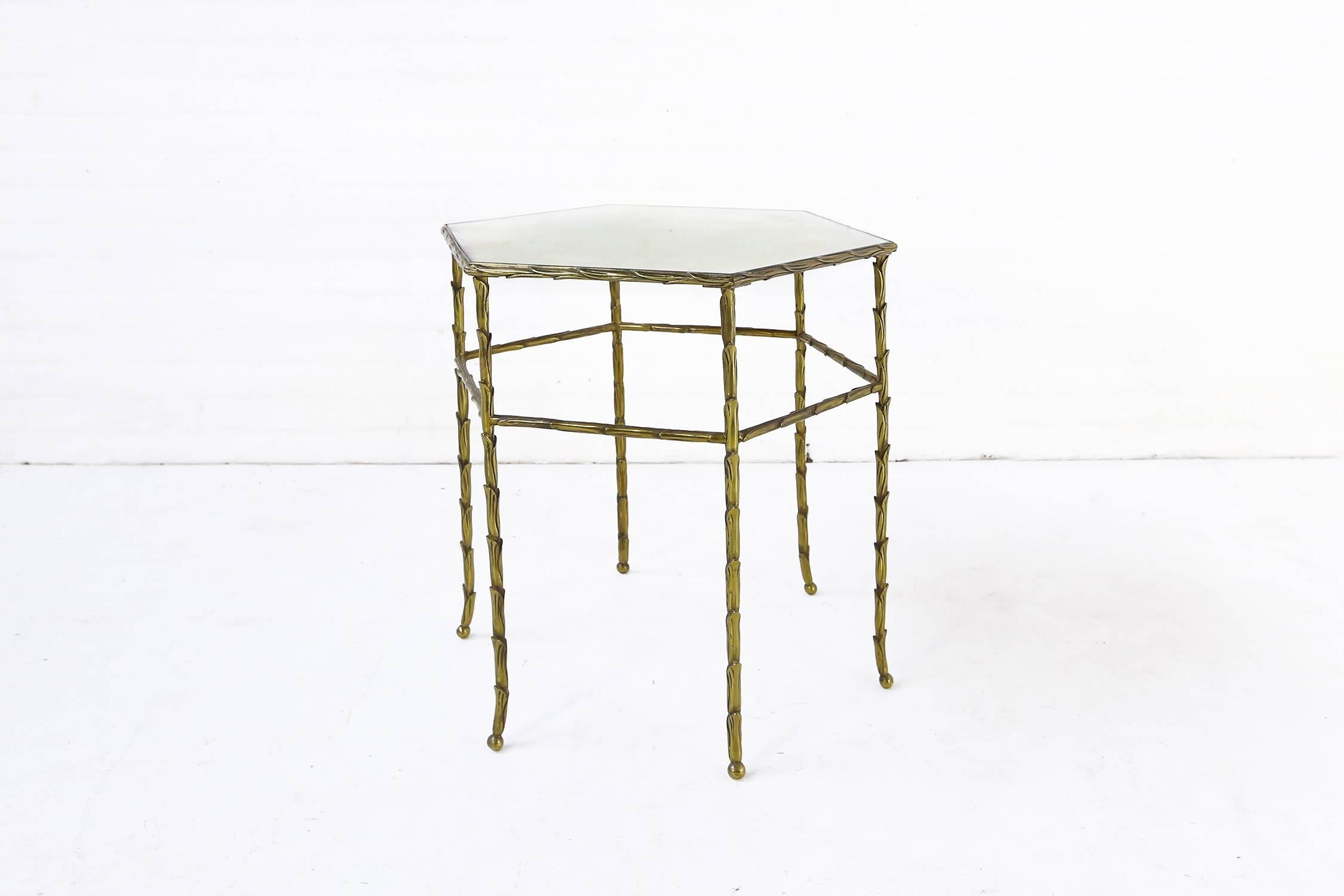 Mid-20th Century French Faux Bamboo Brass Hexagonal Table from Maison Bagues, 1950s For Sale