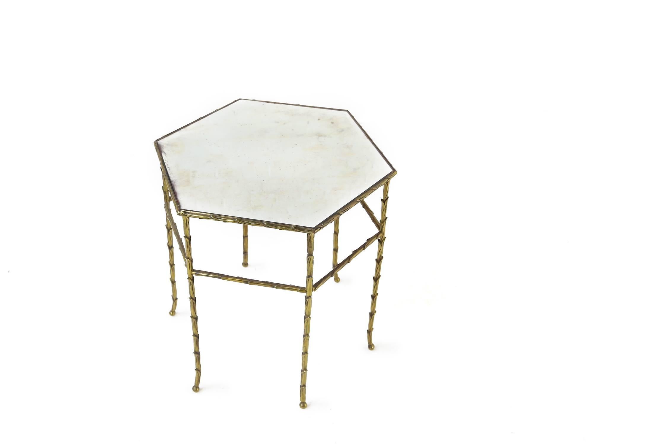 Bronze French Faux Bamboo Brass Hexagonal Table from Maison Bagues, 1950s For Sale