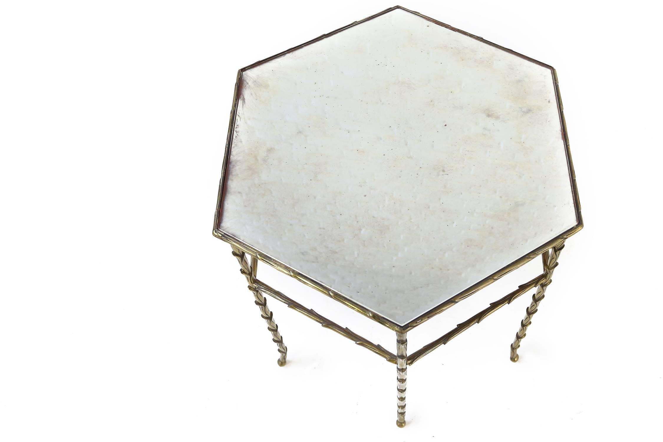 French Faux Bamboo Brass Hexagonal Table from Maison Bagues, 1950s For Sale 1