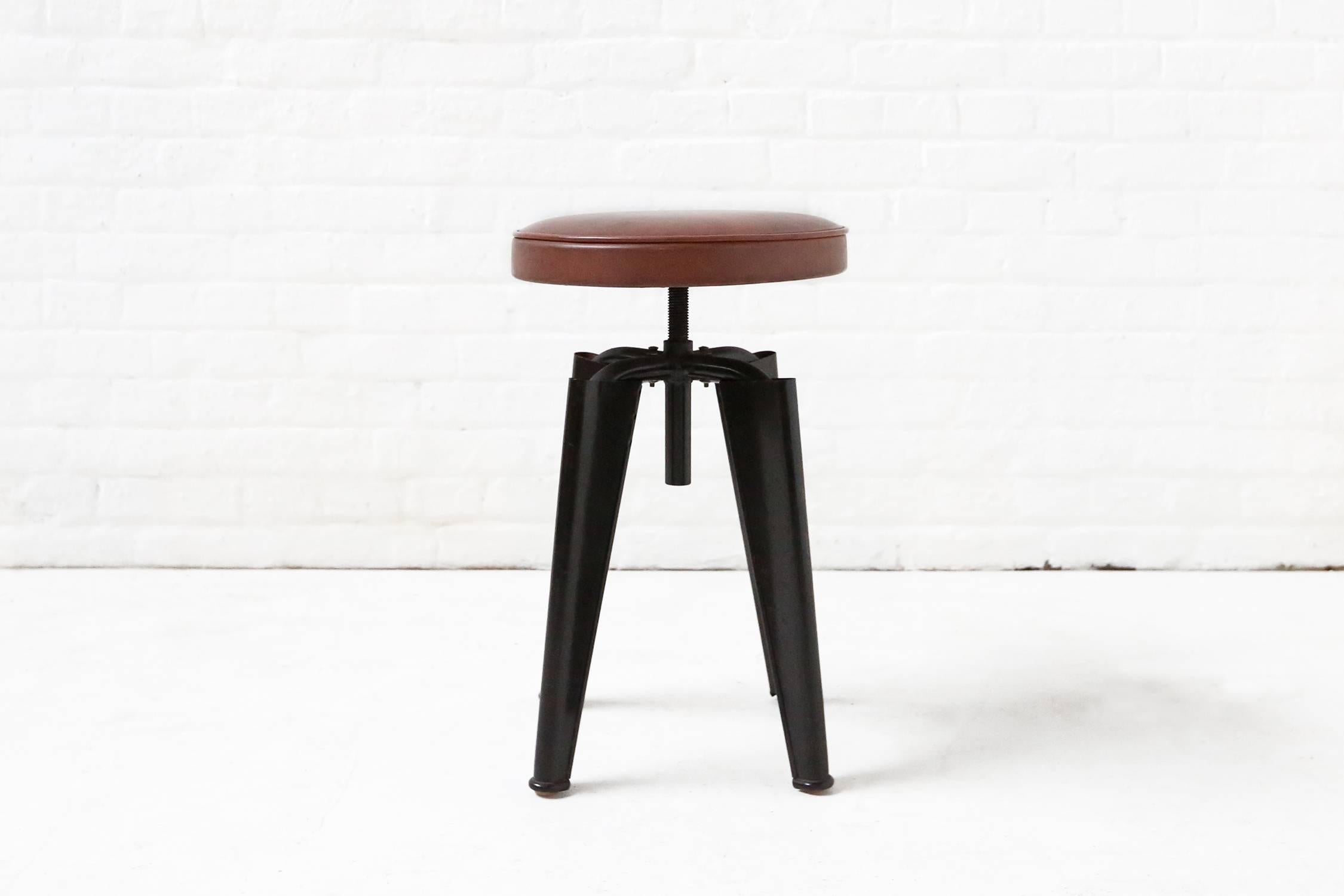 Extremely rare and beautiful adjustable height stool by Jules Leleu, circa 1945 clearing showing the influence of Jean Prouve on this design. Prouve and Leleu had collaborated together in 1939 to produce furniture for the Sanatorium Martel de