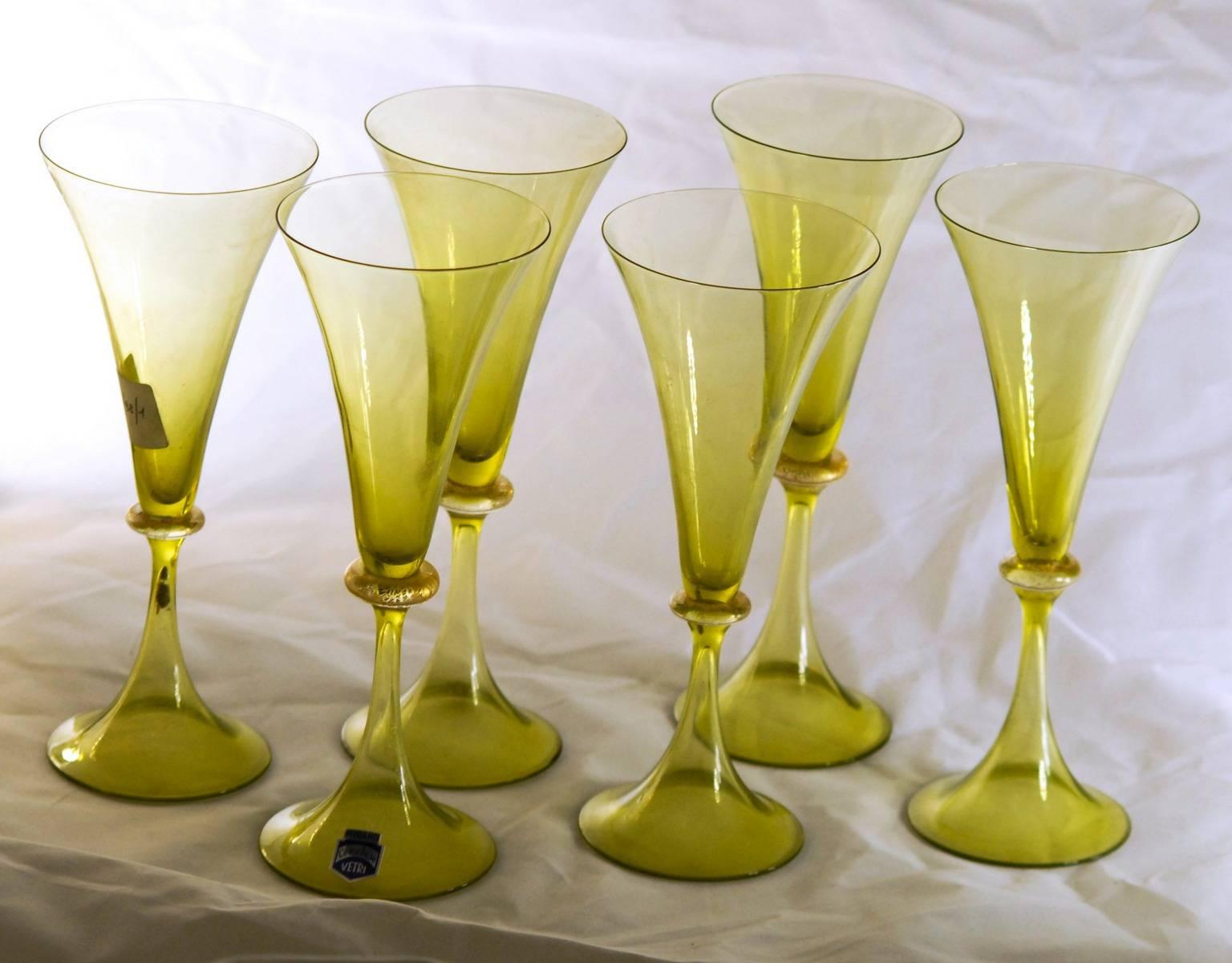 Late 20th Century Cenedese Set of Six Flutes, Green Fumé with Gold Leaf Neck