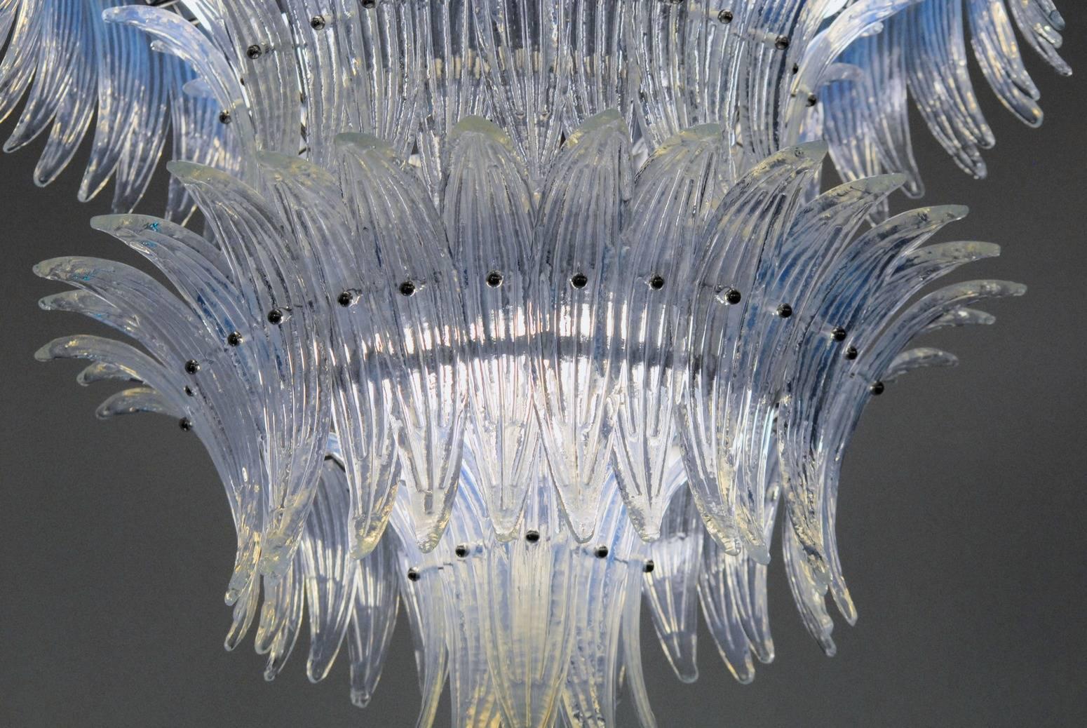 Late 20th Century Large Palmette Opaline Murano Chandelier, Four Tiers in Barovier Style, 1990s