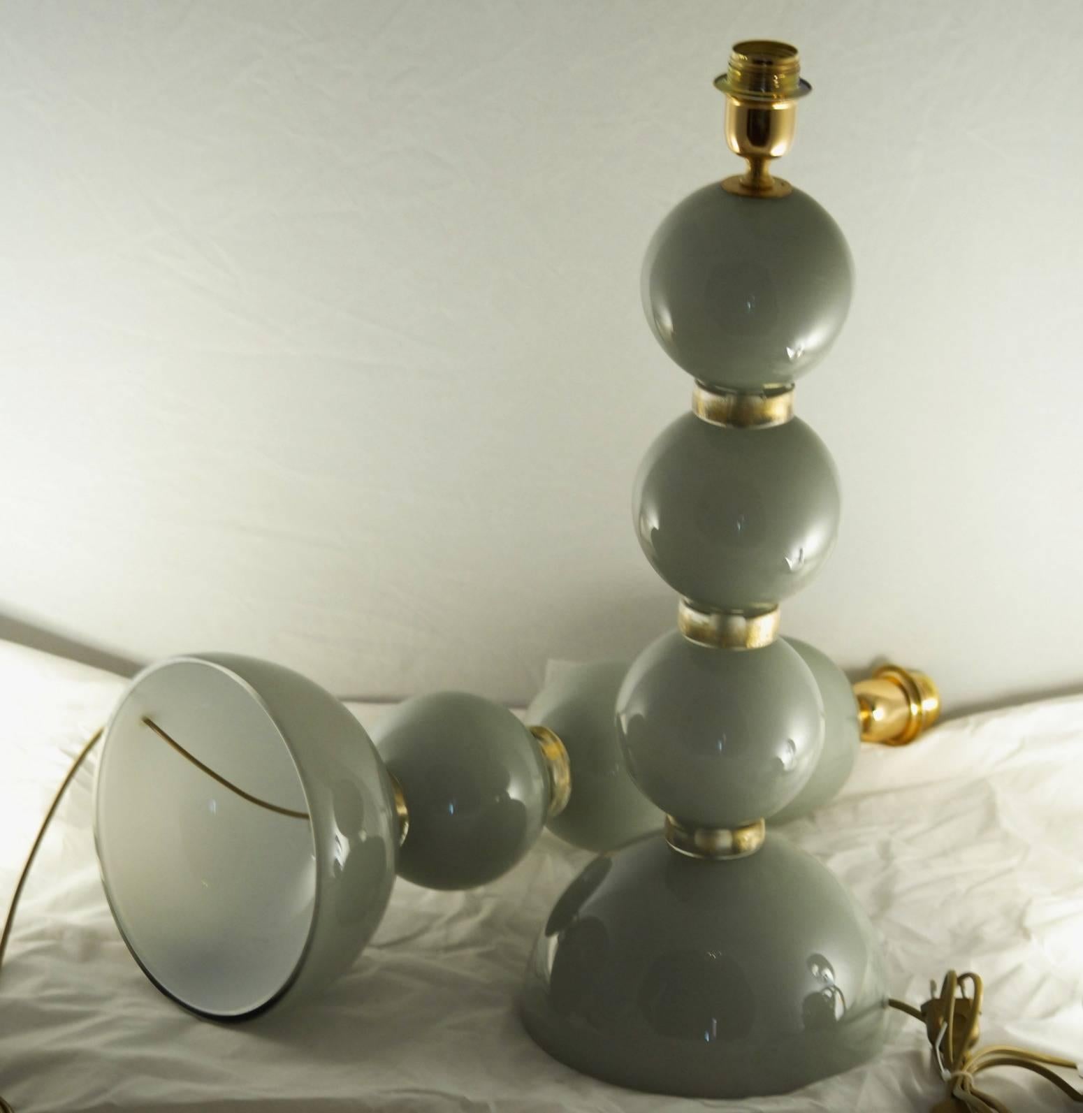 Italian Alberto Donà Pair of Table Lamps, Deco Spheres, Acciaio over Lattimo