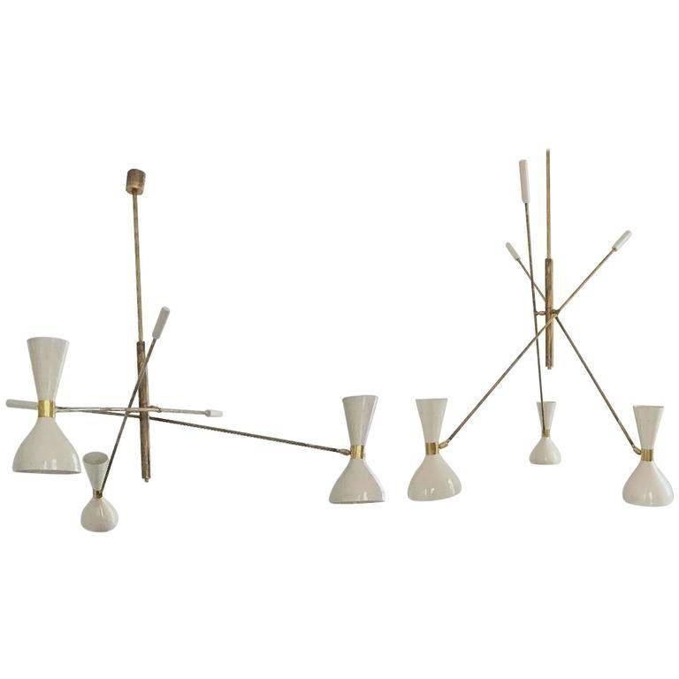 Patinated brass and Ivory, Adjustable Three-Arm 'Triennale' Style Chandelier