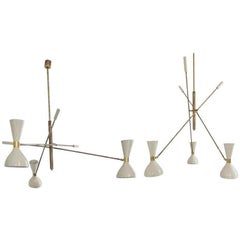 Vintage Patinated brass and Ivory, Adjustable Three-Arm 'Triennale' Style Chandelier