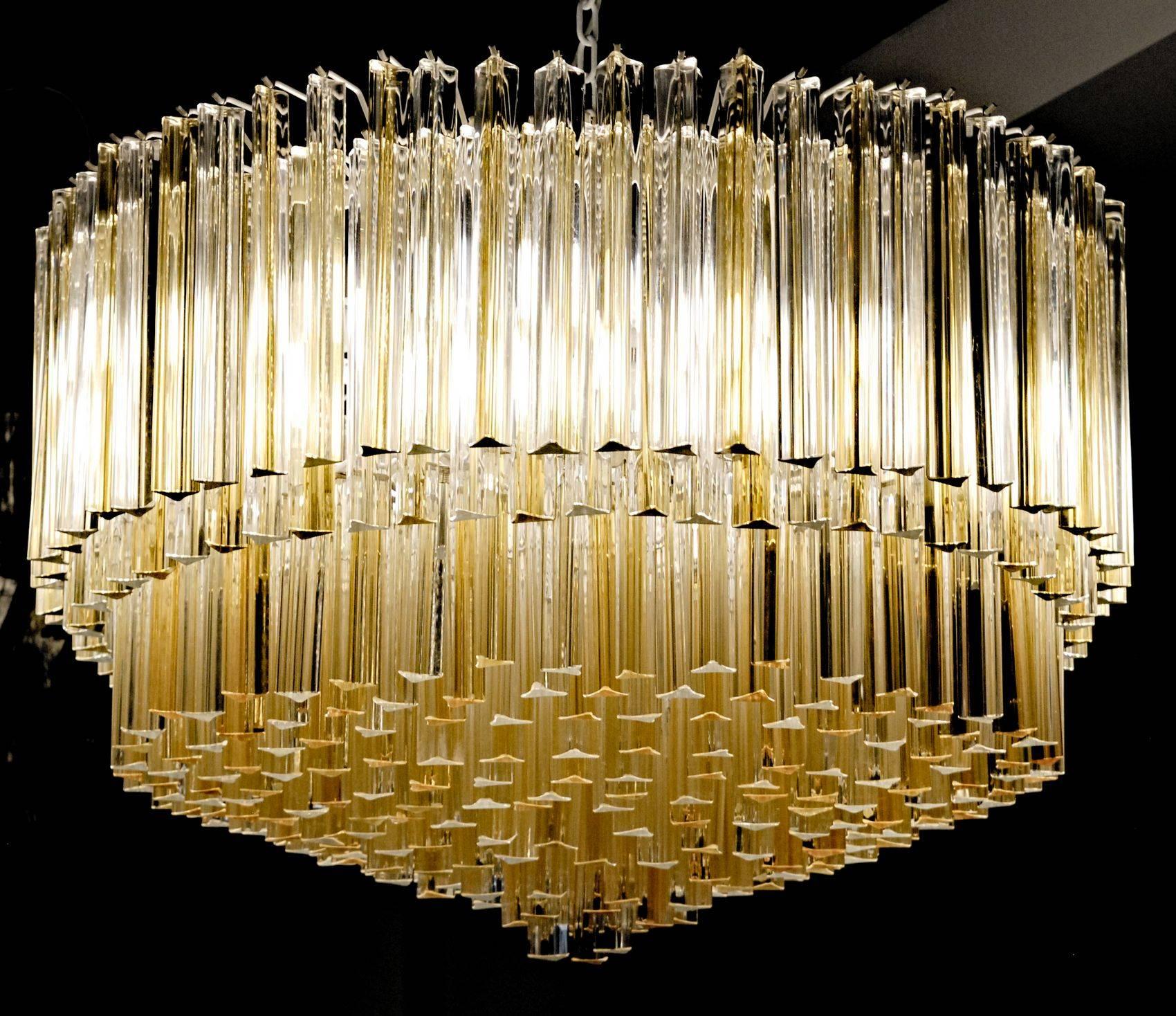 Late 20th Century Murano Clear and Amber Glass Triedri Chandelier attributed to Venini, 1980s