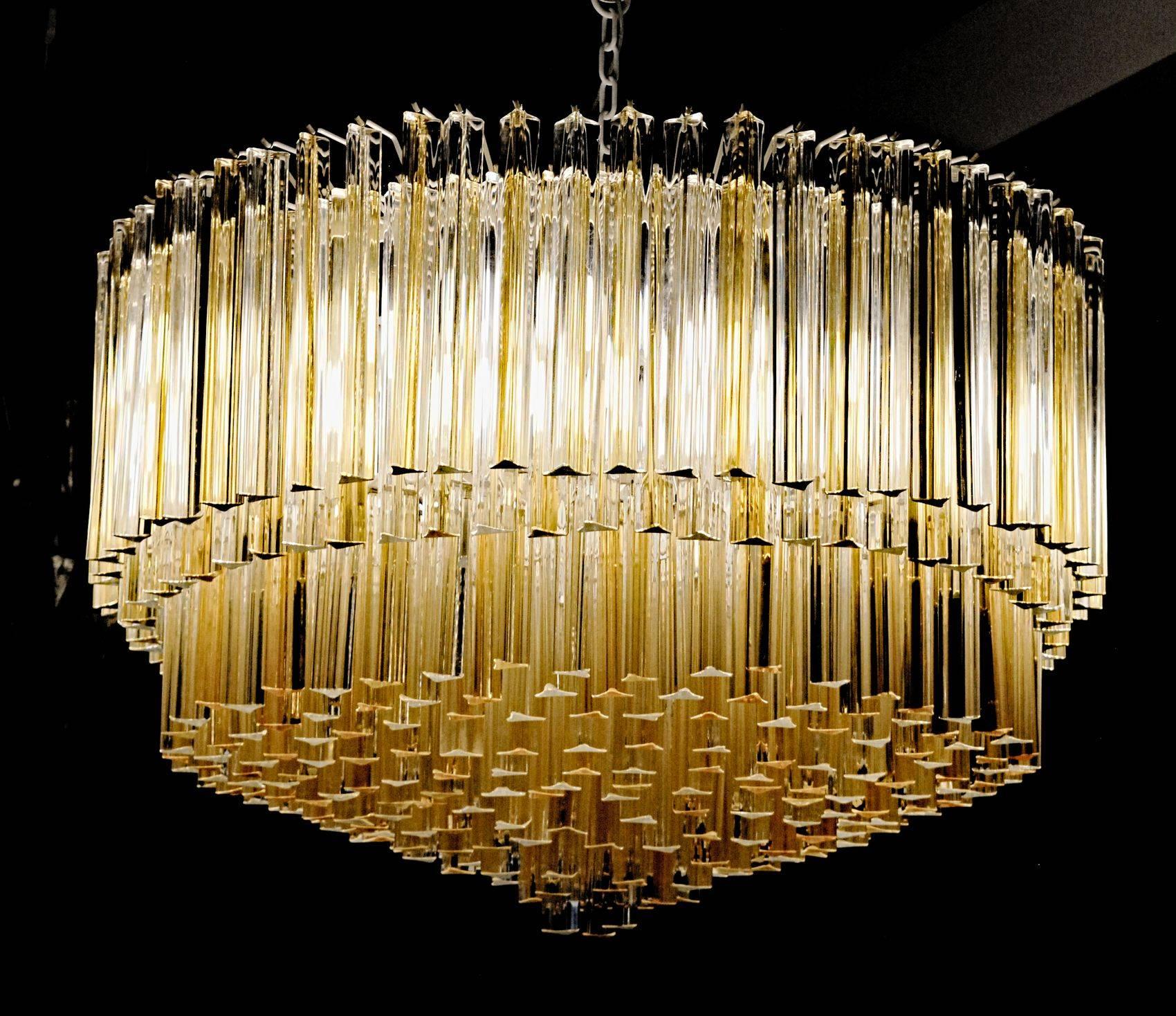 Enamel Murano Clear and Amber Glass Triedri Chandelier attributed to Venini, 1980s