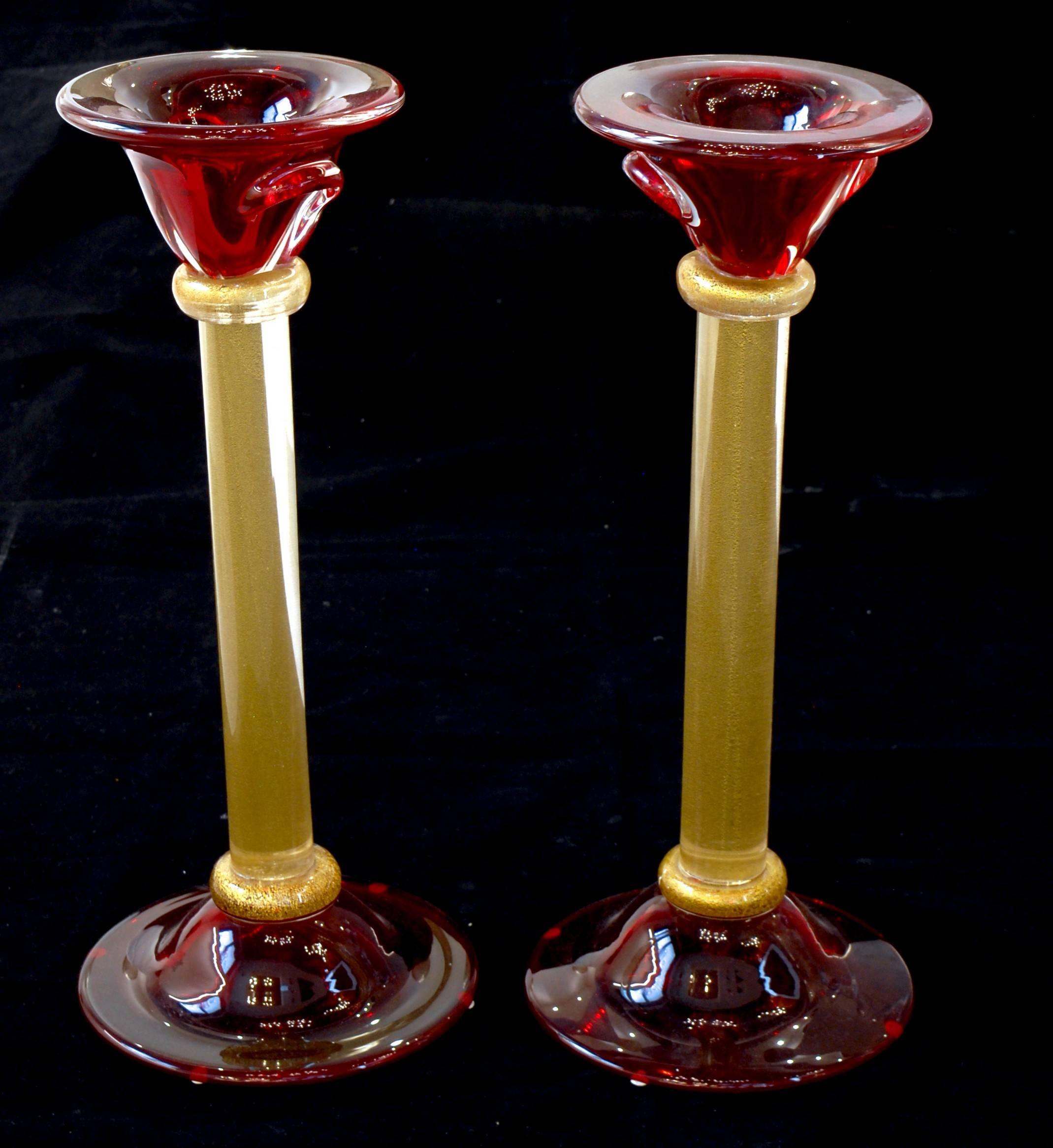 Pair of Candlesticks, Romano Dona, Massiccio, Red and Gold Leaf, Murano In Excellent Condition In Tavarnelle val di Pesa, Florence