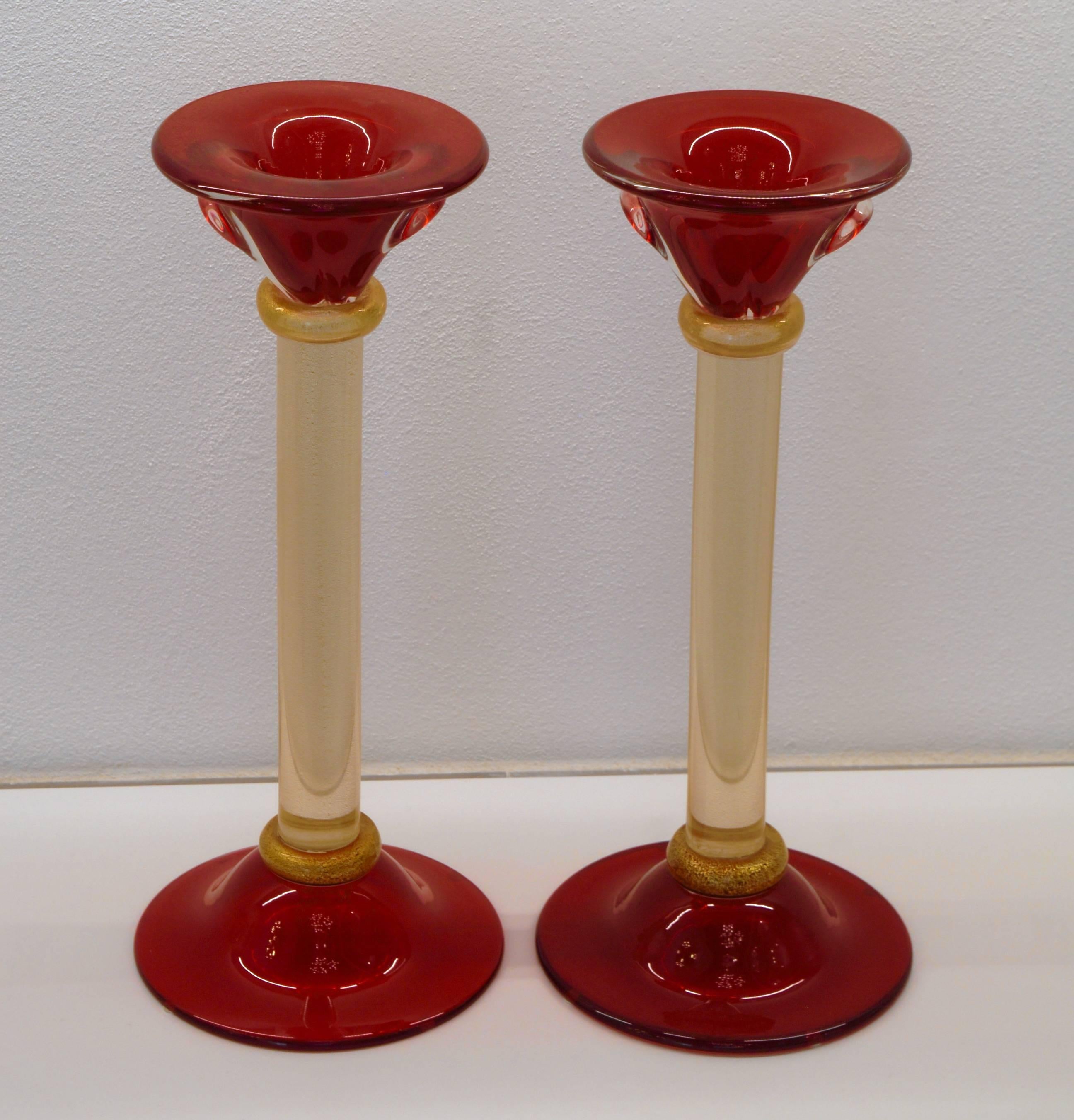 Italian Pair of Candlesticks, Romano Dona, Massiccio, Red and Gold Leaf, Murano