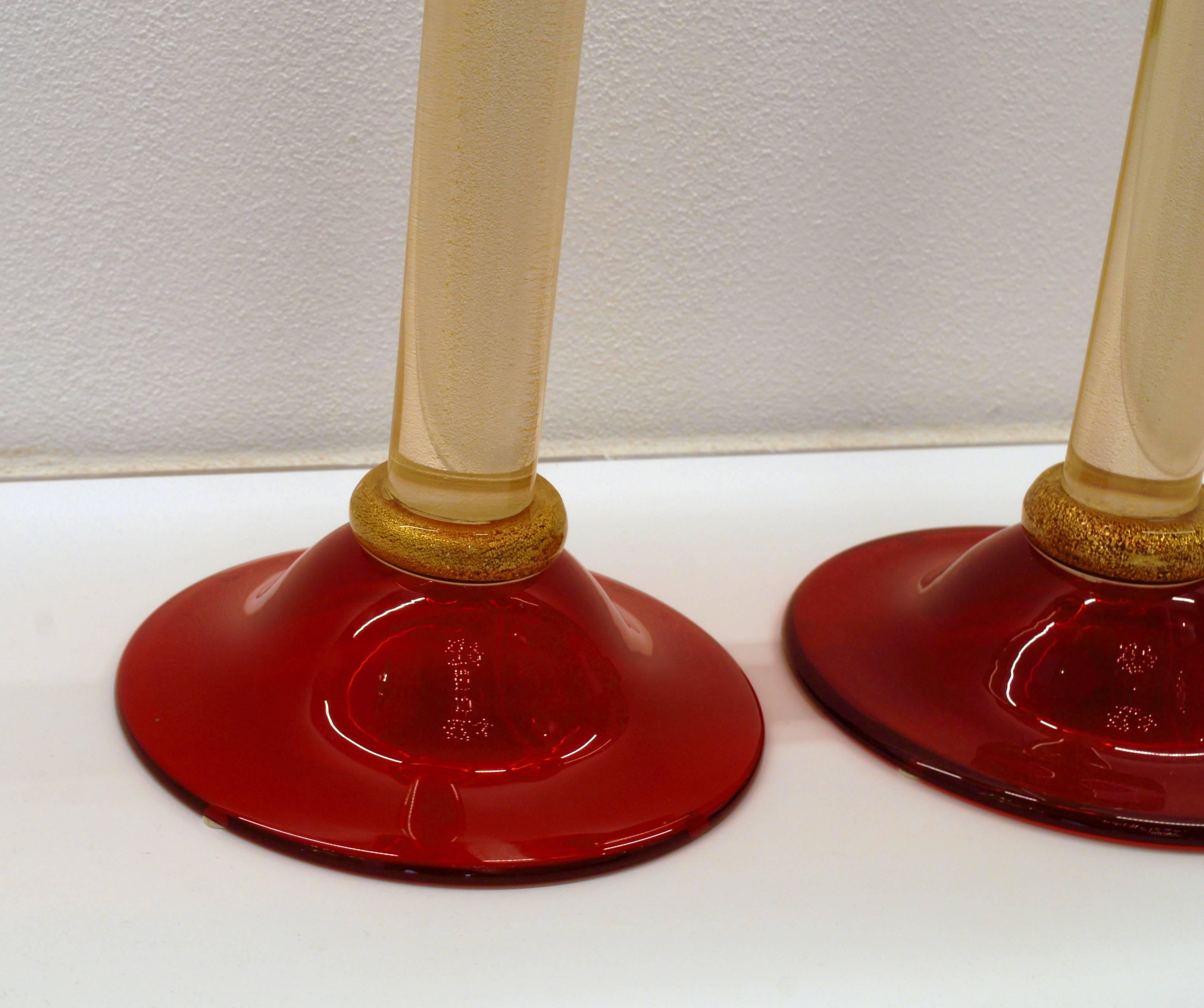 Murano Glass Pair of Candlesticks, Romano Dona, Massiccio, Red and Gold Leaf, Murano