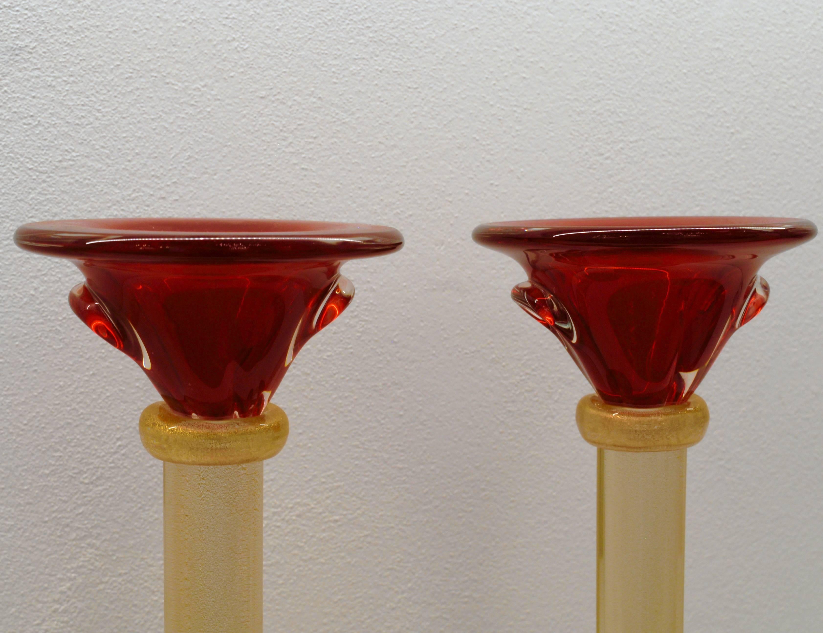 Pair of Candlesticks, Romano Dona, Massiccio, Red and Gold Leaf, Murano 1