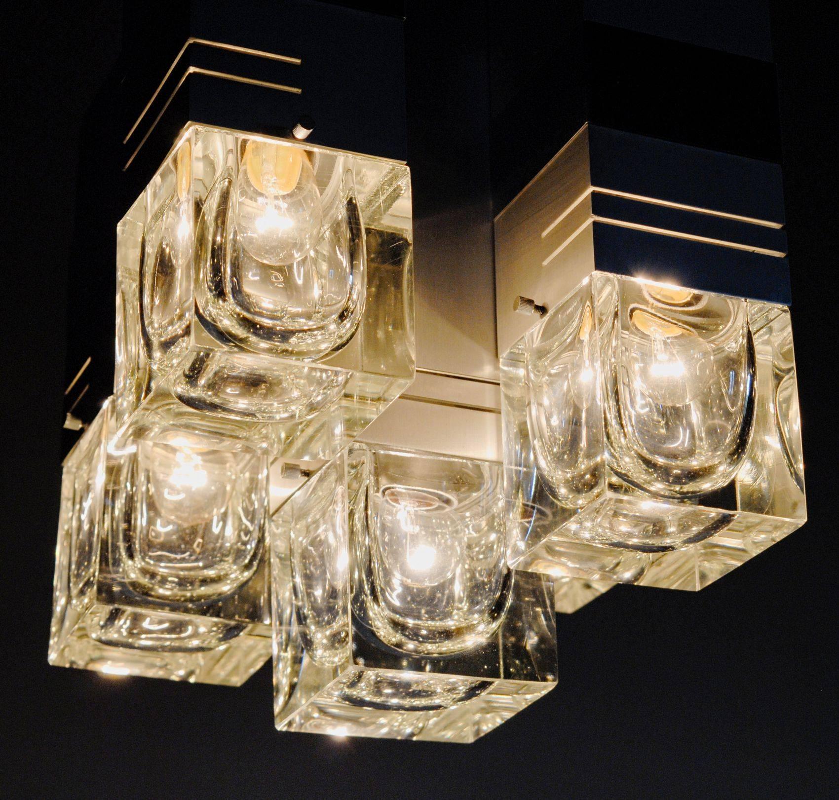 Brushed Sciolari and Fidenza Vetraria Cubosfera solid glass Chandelier Five Lights 1960s