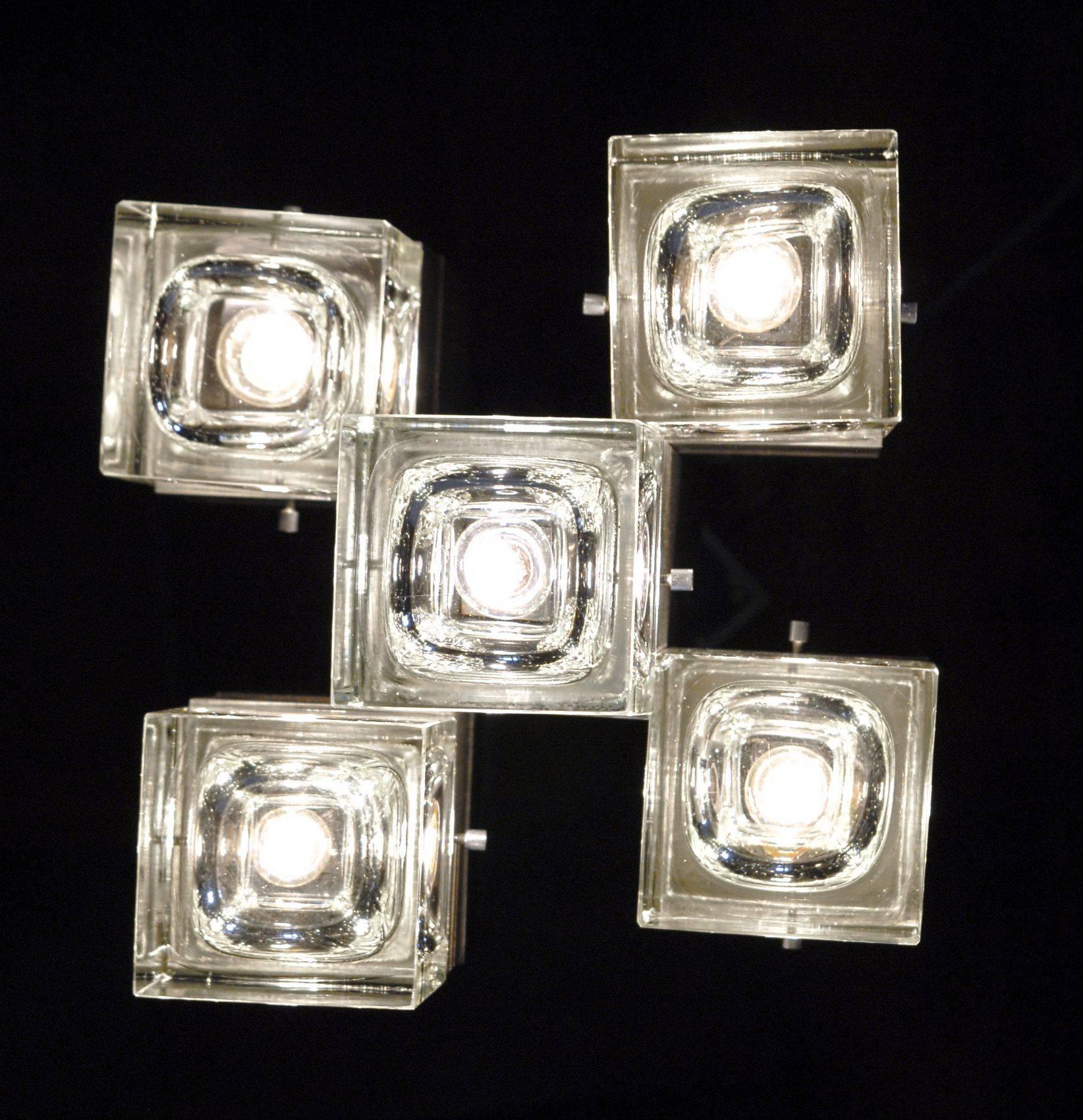 20th Century Sciolari and Fidenza Vetraria Cubosfera solid glass Chandelier Five Lights 1960s