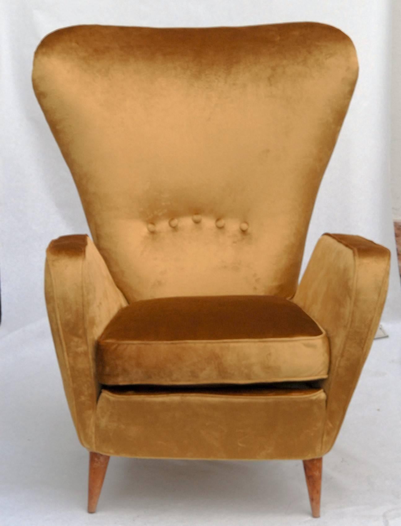 Italian Sala Madini for Galimberti Cantu Armchair 1950s, Fully Restored, Gold Velvet