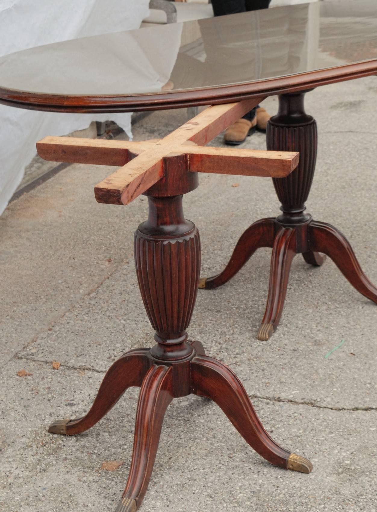 Brass Mahogany Regency Revival Two Pillars Oval Dining Table, Glass Top, Cantu, 1950s