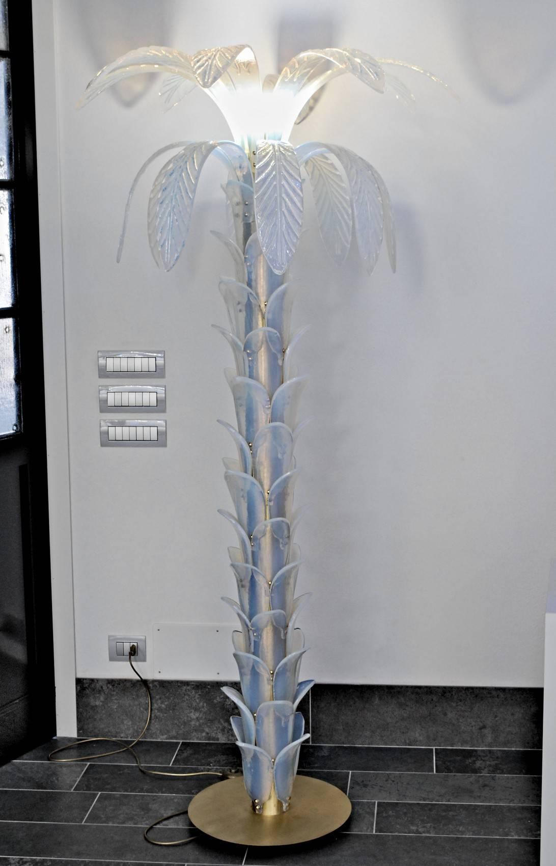 20th Century Two Opaline Palm Lamp, Murano, Eight Long Leaves, 52 Stem Elements, 1990s