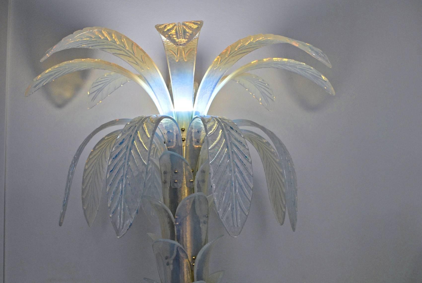 Two Opaline Palm Lamp, Murano, Eight Long Leaves, 52 Stem Elements, 1990s 3