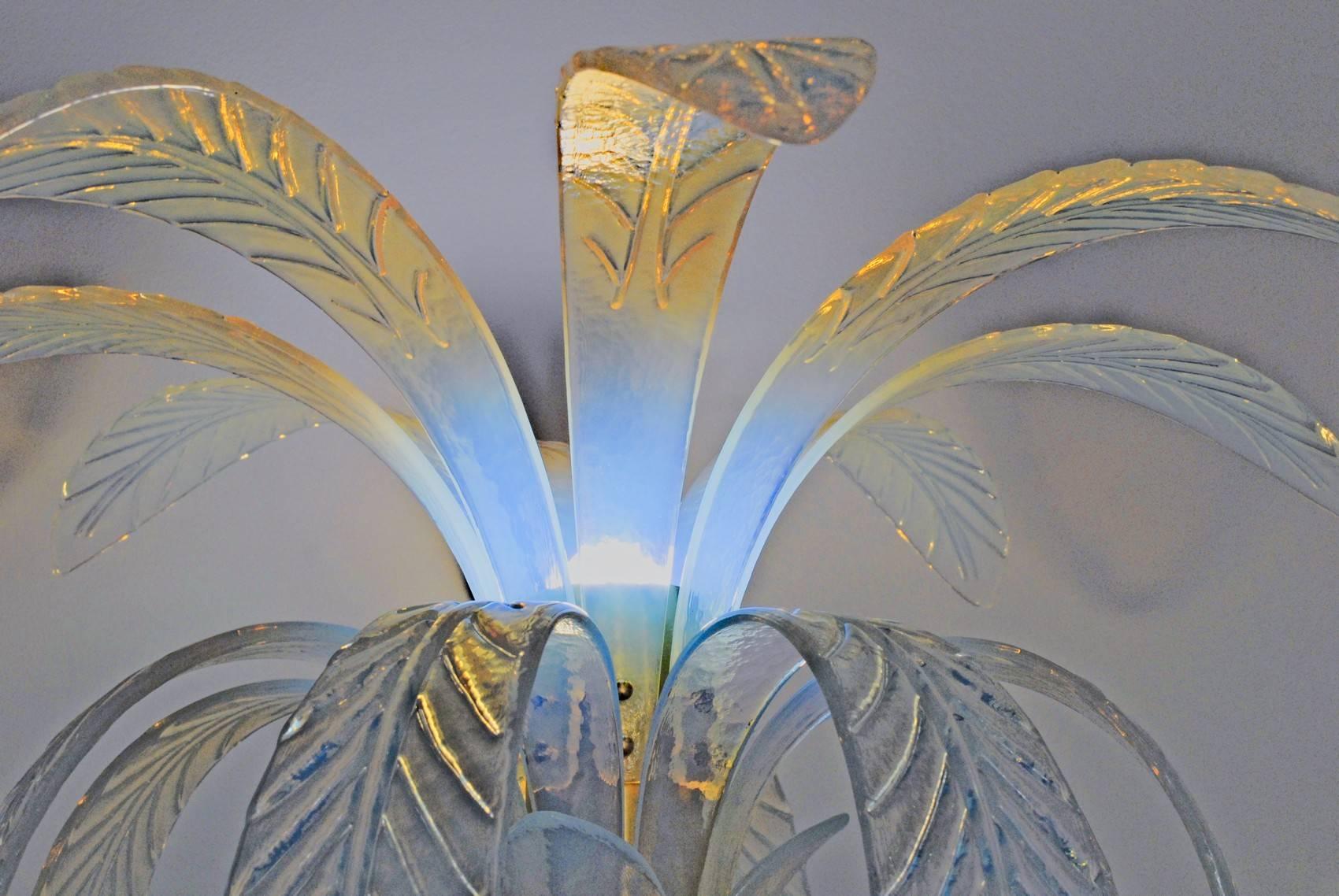 Two Opaline Palm Lamp, Murano, Eight Long Leaves, 52 Stem Elements, 1990s 4