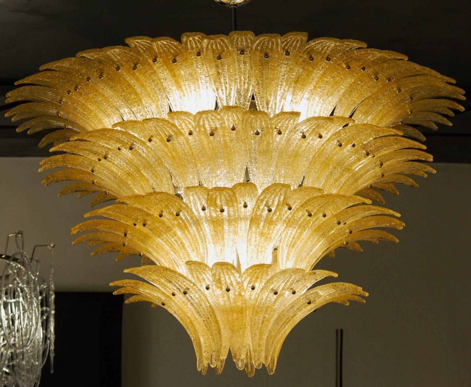 Large Palmette Chandelier, Four Tiers, Murano amber, in the Style of Barovier 1