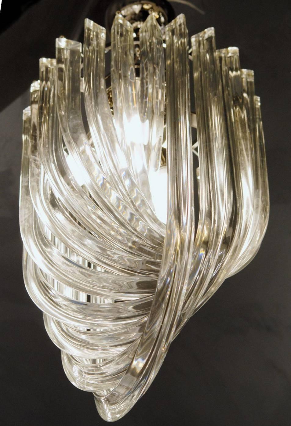 Carlo Nason Certified, Pair of Midcentury Curvati Chandeliers Clear Triedri 1980 In Good Condition In Tavarnelle val di Pesa, Florence