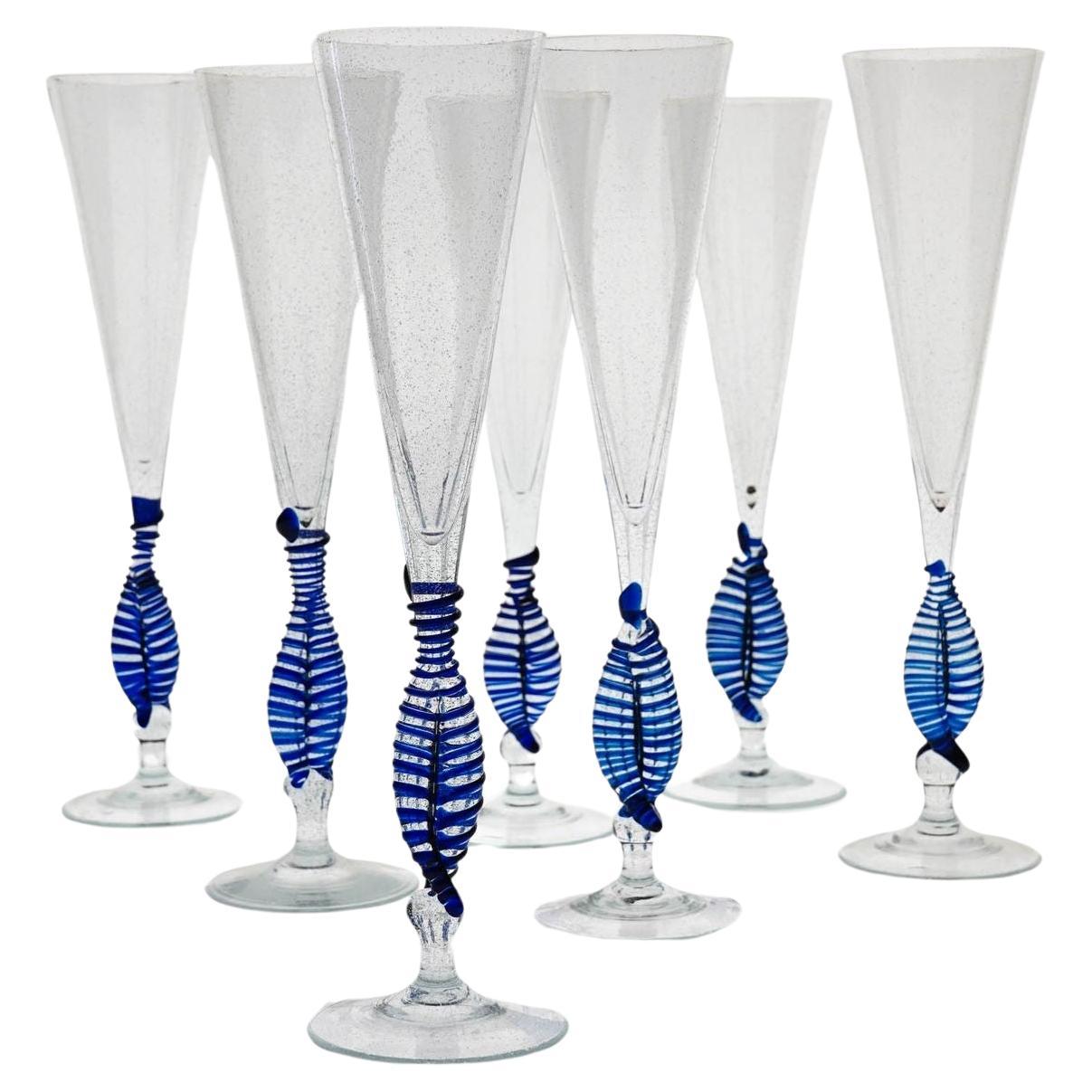 Set 7 Cenedese Ballerina Flutes, Cobalt bead and pulegoso Murano Glass, Signed For Sale