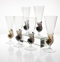 Six Cenedese Nautilus Flutes Set, Brown accent and Pulegoso Murano Glass signed