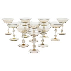 Retro Rare Set of 12 Classic Cenedese Fume and Gold Champagne Glass . Unique