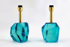 Ein Paar schwere, facettierte Tischlampen aus aquamarinfarbenem Murano-Glas, Maestro-Kollektion