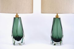 Tall Faceted Table Lamps pairs, Green color Murano Glass , Maestro Collection
