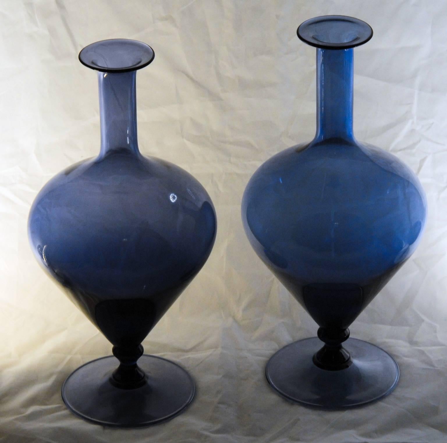 Pair of elegant bluino Tiziano vases from Pauly. Special bluino color, more elegant than the Classic cobalt or aquamarine standard glass colors. Slightly different in height and color but same manufacturing. Might be an earlier production than