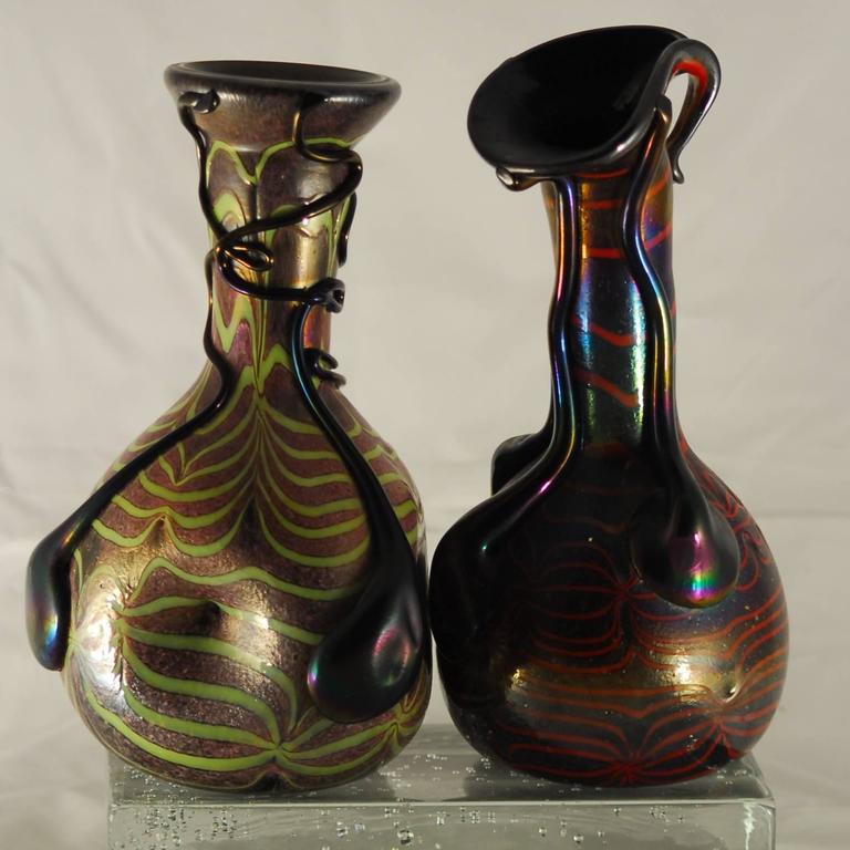 Art Nouveau Sergio Rossi, Two Murano iridescent vases in the Style of Loetz, 1980 For Sale